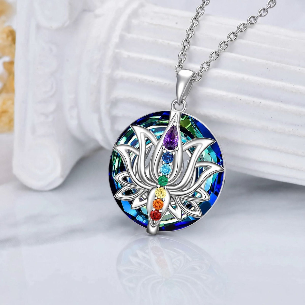 Collier fleur de lotus pour femme, en argent 925, avec cristaux multicolores scintillants