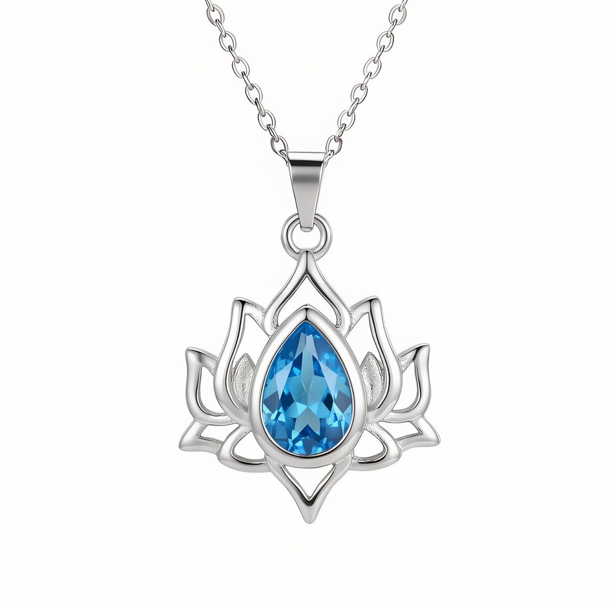 Collier fleur de lotus pour femme, en argent 925, avec pierre bleue