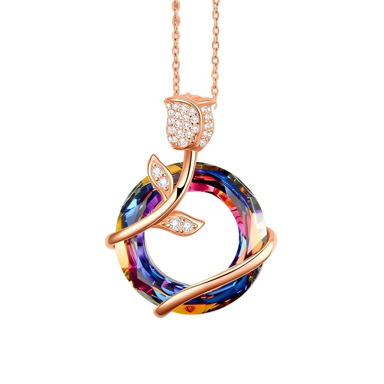 Collier fleur de rose en argent massif, pendentif cercle en cristal coloré, finition or rose, modèle Isadora