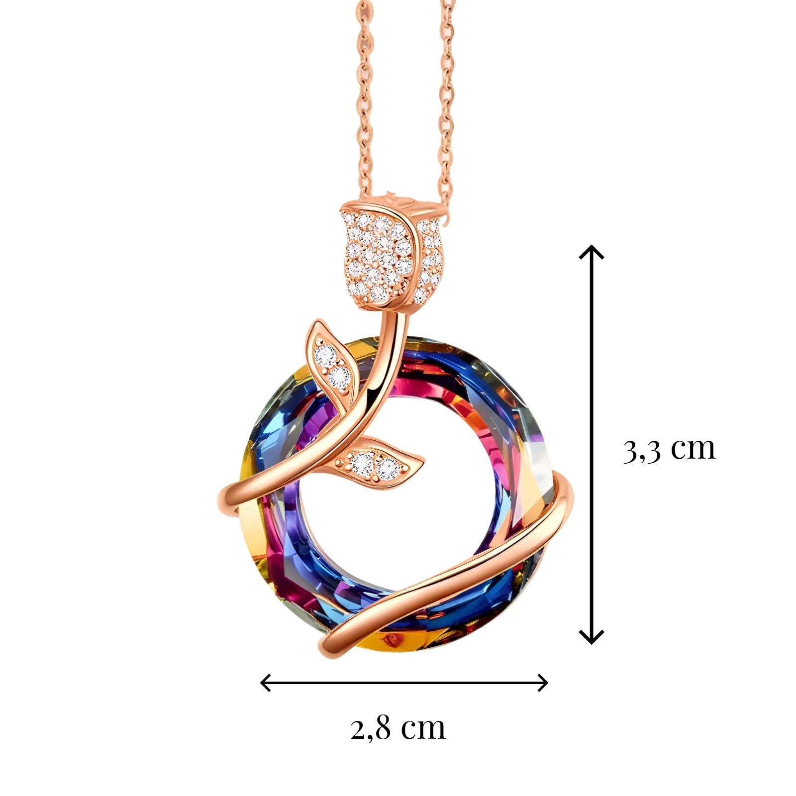 Collier fleur de rose en argent massif, pendentif cercle en cristal coloré, finition or rose, modèle Isadora