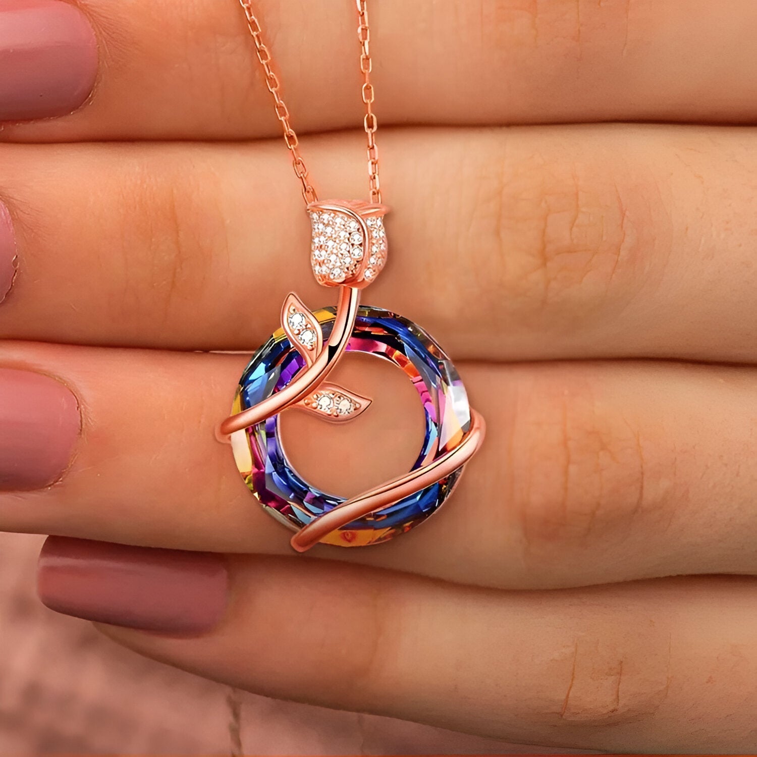Collier fleur de rose en argent massif, pendentif cercle en cristal coloré, finition or rose, modèle Isadora