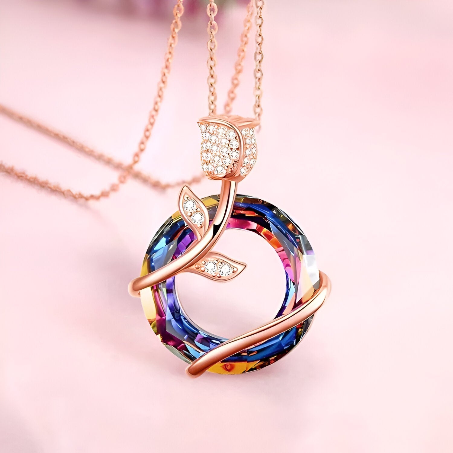 Collier fleur de rose en argent massif, pendentif cercle en cristal coloré, finition or rose, modèle Isadora