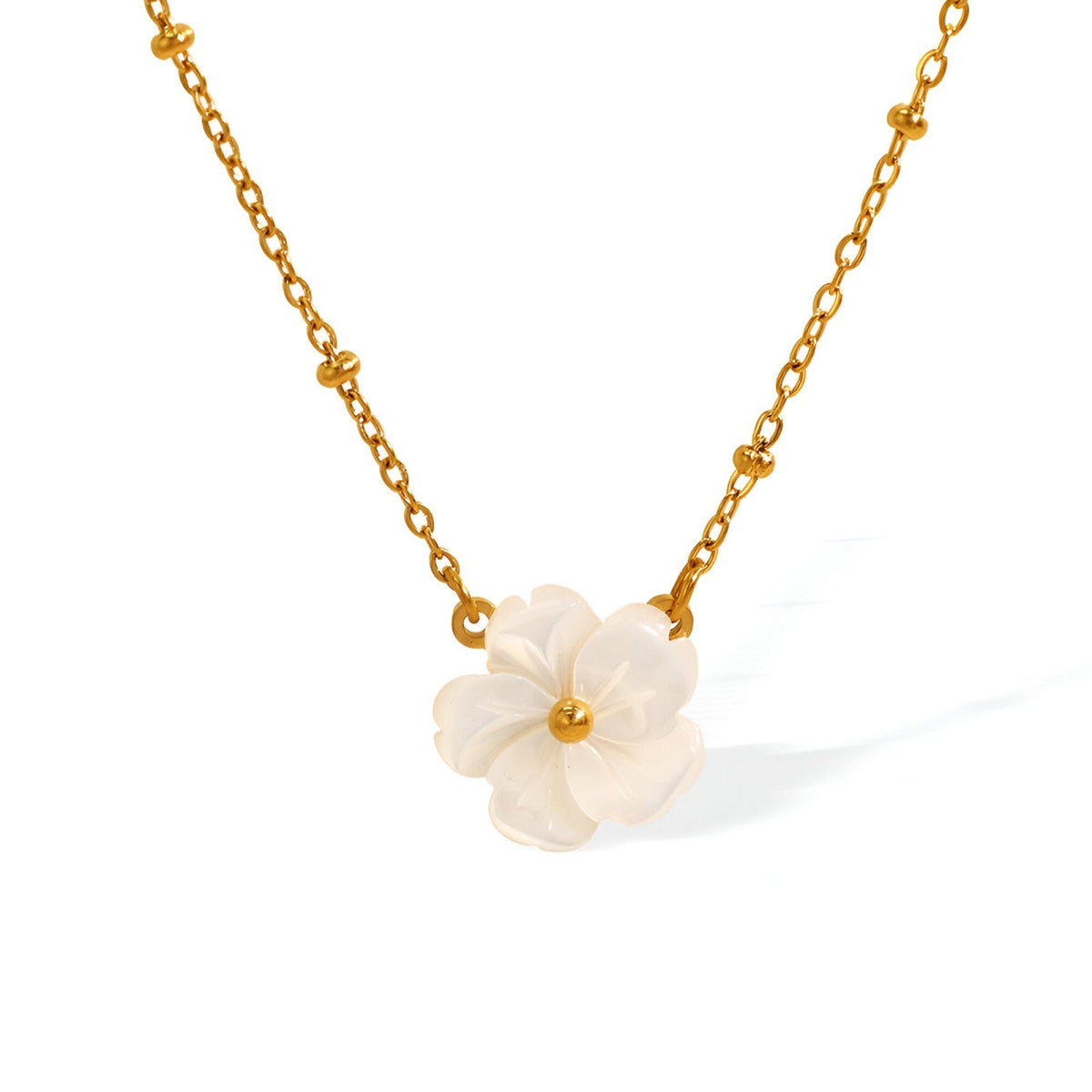 Gold Stainless Steel Mother-of-Pearl Flower Necklace with Sculpted Pen
