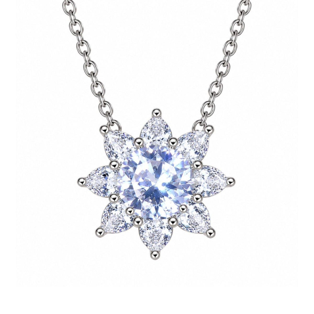 Collier fleur pierre précieuse pour femme, en cuivre argenté, pendentif floral entouré de pétales brillants