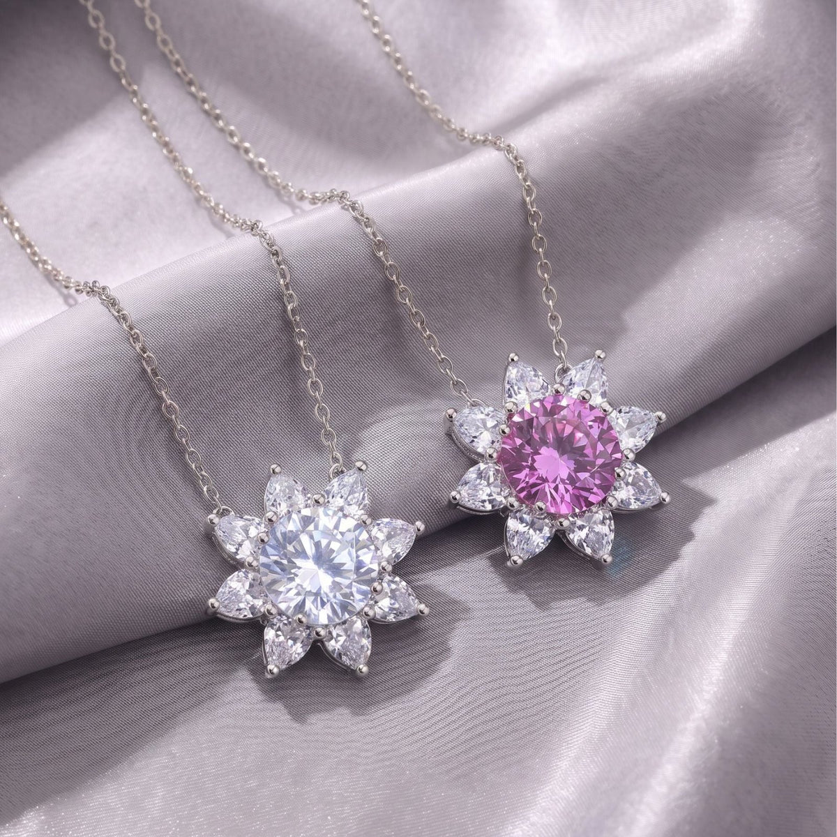 Collier fleur pierre précieuse pour femme, en cuivre argenté, pendentif floral entouré de pétales brillants