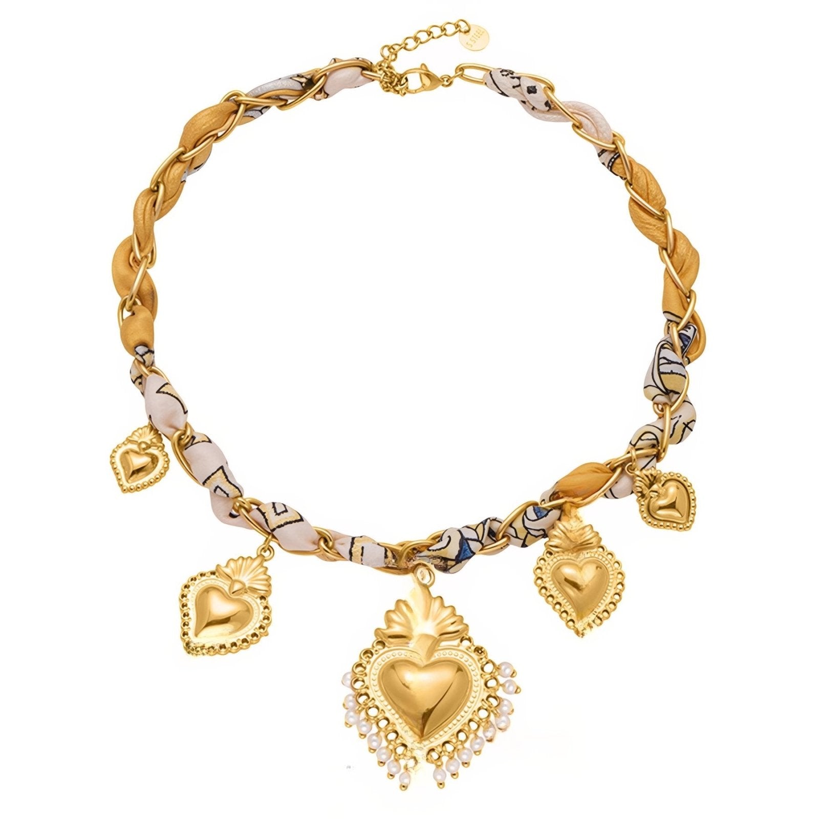 Collier foulard en soie ras - du - cou, pendentifs cœurs sacrés, en acier inoxydable et pierres naturelles