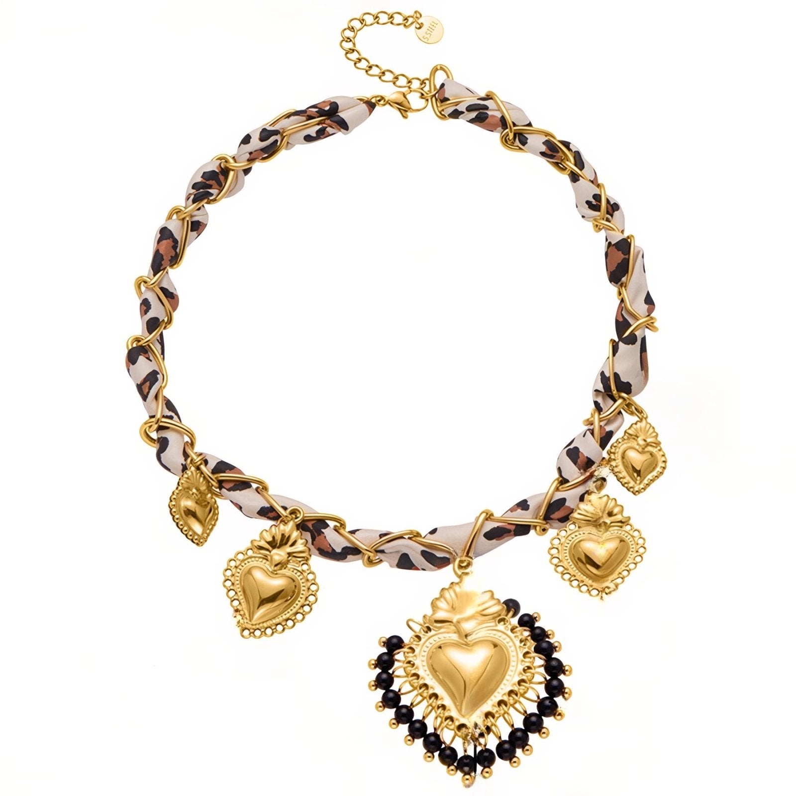 Collier foulard en soie ras - du - cou, pendentifs cœurs sacrés, en acier inoxydable et pierres naturelles