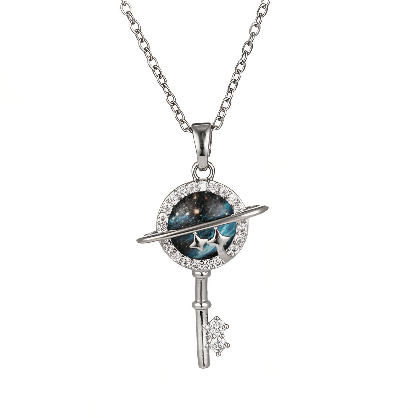 Collier galaxie femme, pendentif planète bleue et clé en acier inoxydable et zircon
