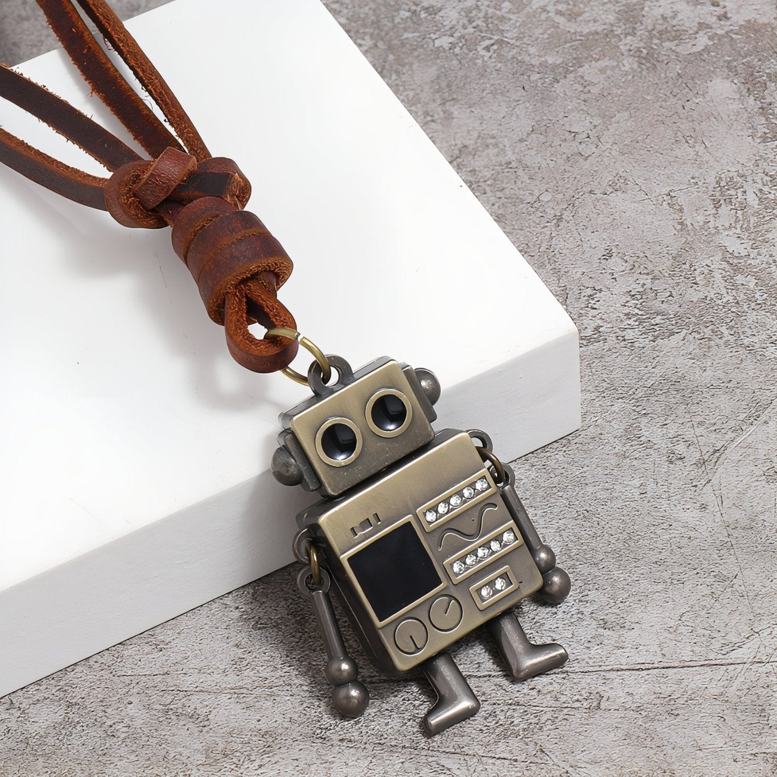 Collier geek rétro unisexe, pendentif robot steampunk, cordon en cuir marron