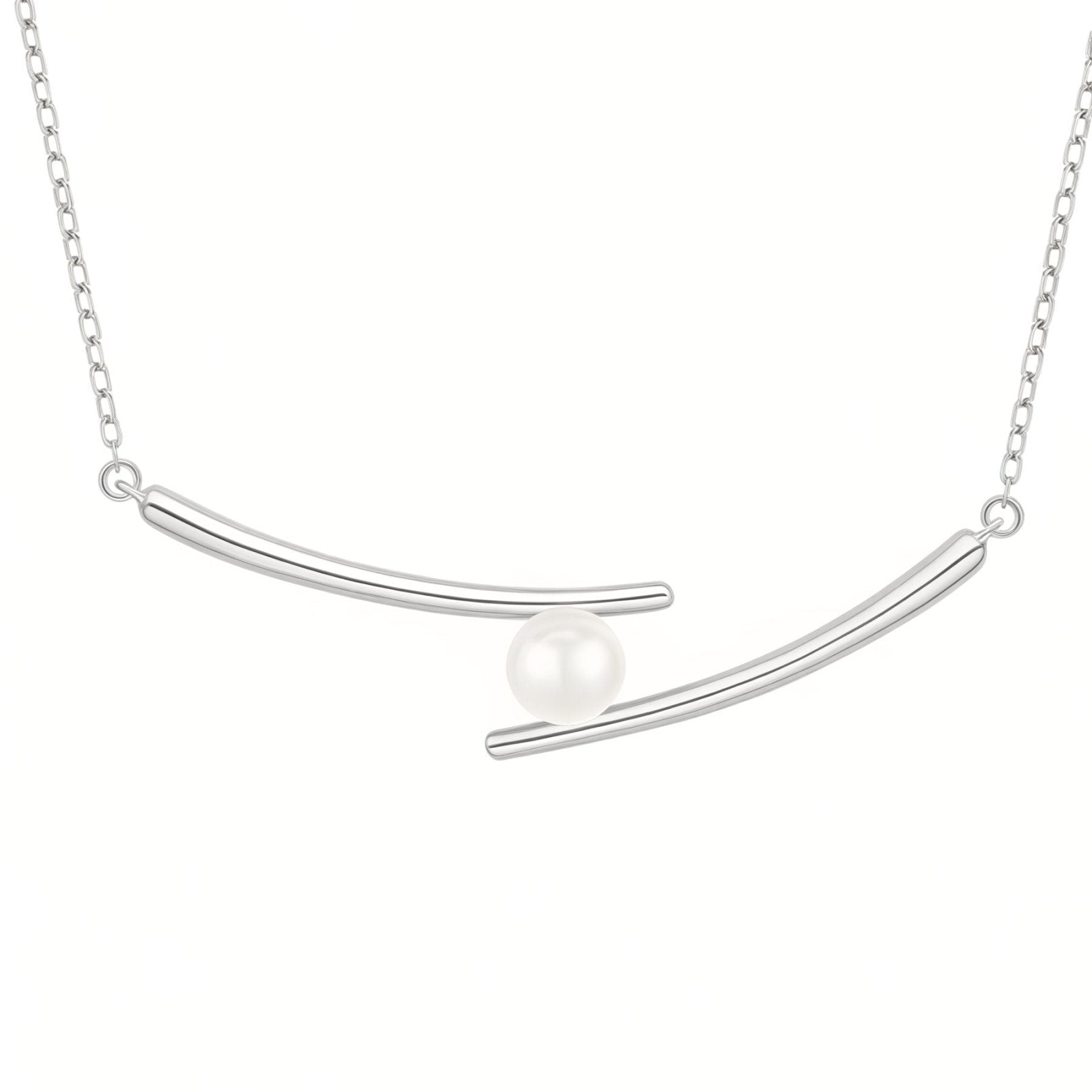 Collier géométrique femme, perle blanche et barre argent 925, modèle Adrianna