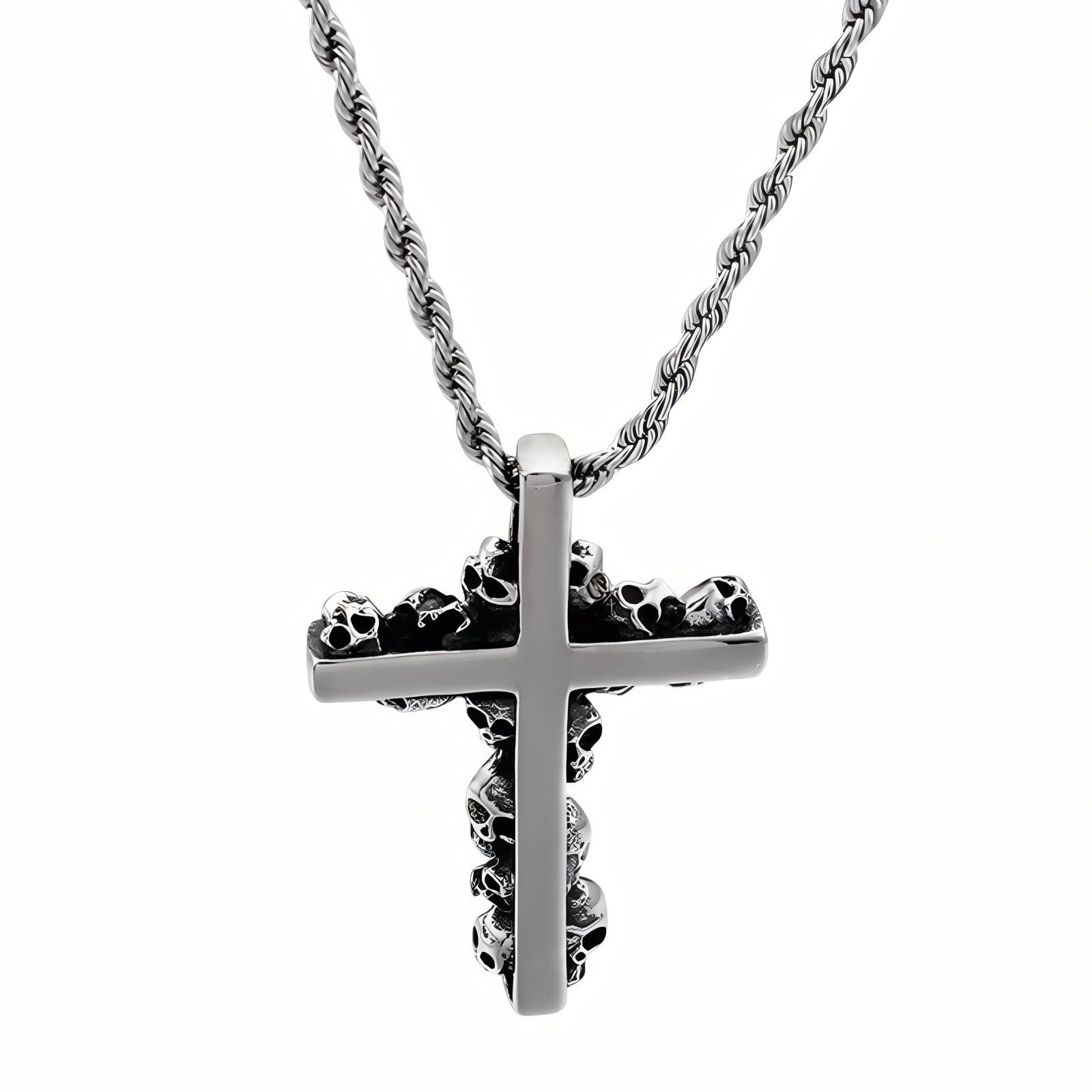 Collier gothique pour homme, avec pendentif croix entourée de têtes de mort, en acier inoxydable