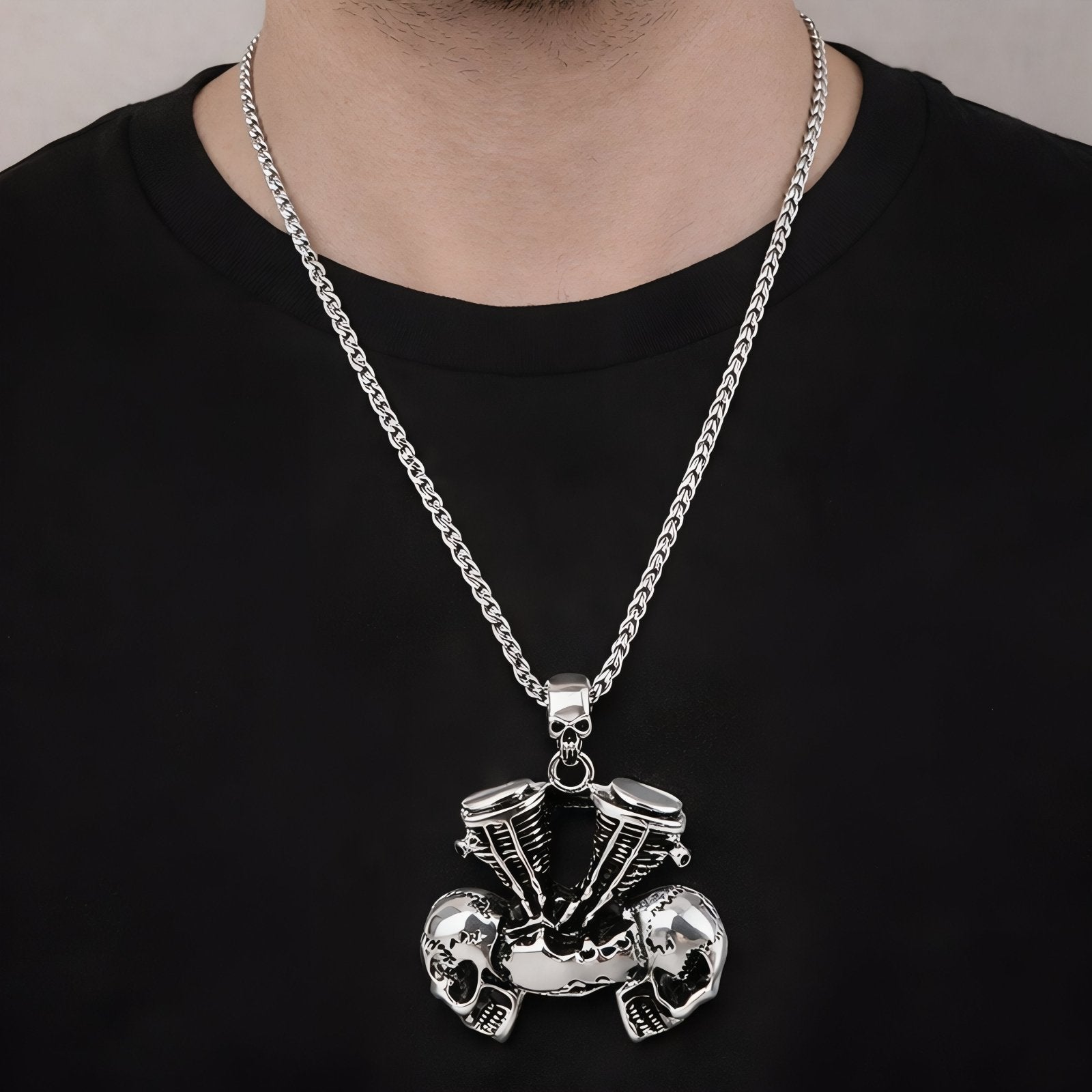 Collier gothique pour homme, avec pendentif en forme de moteur et têtes de mort, en acier inoxydable
