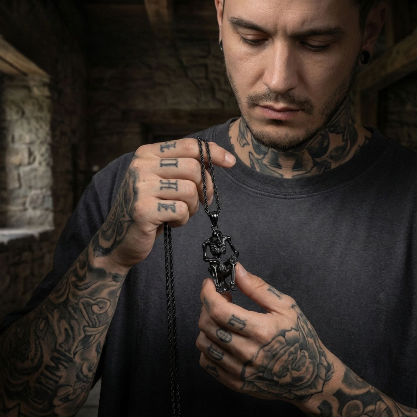 Collier gothique pour homme, avec pendentif squelette assis, en acier inoxydable