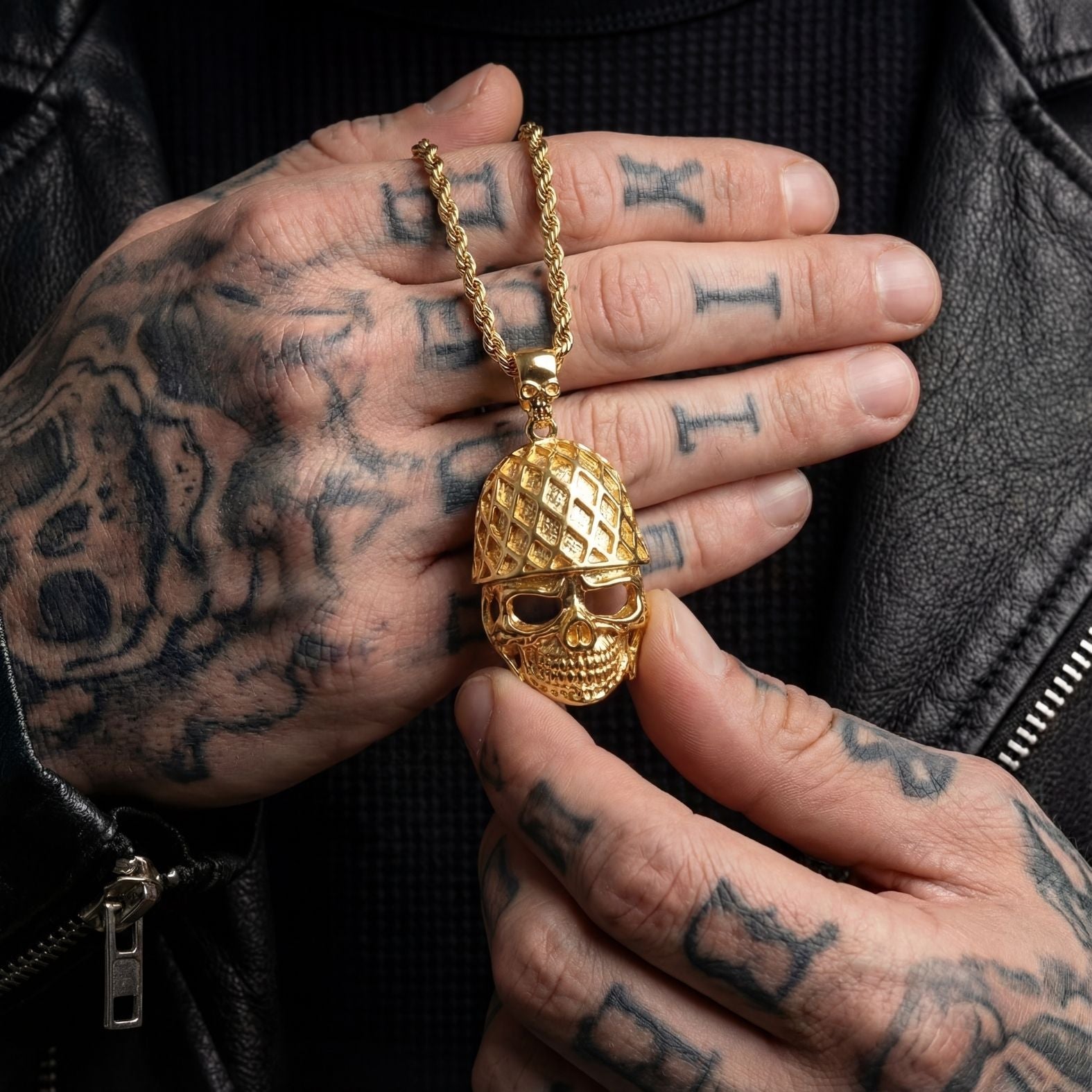 Collier gothique pour homme, avec pendentif tête de mort, en acier inoxydable doré