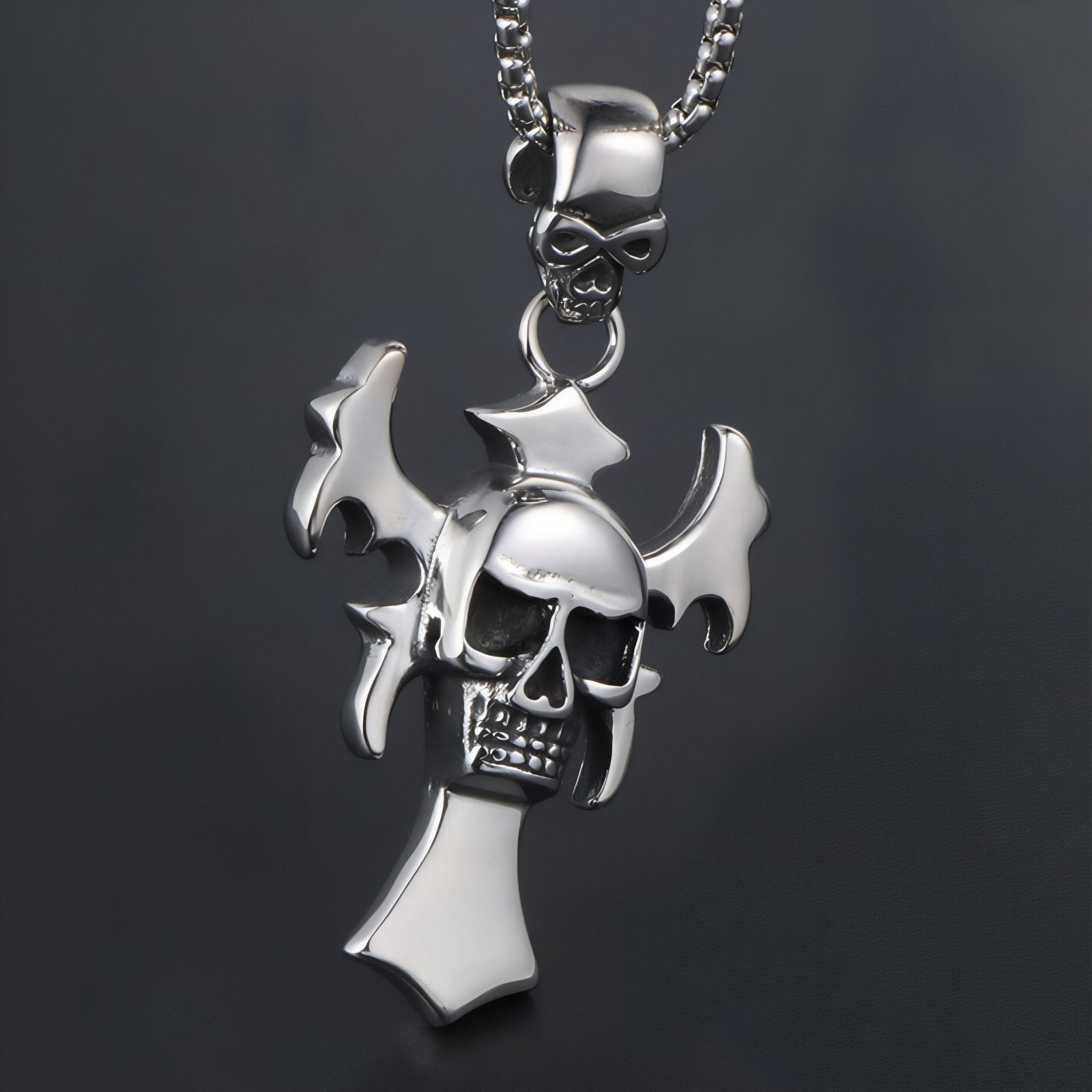 Collier gothique pour homme, pendentif croix avec tête de mort centrale, en acier inoxydable