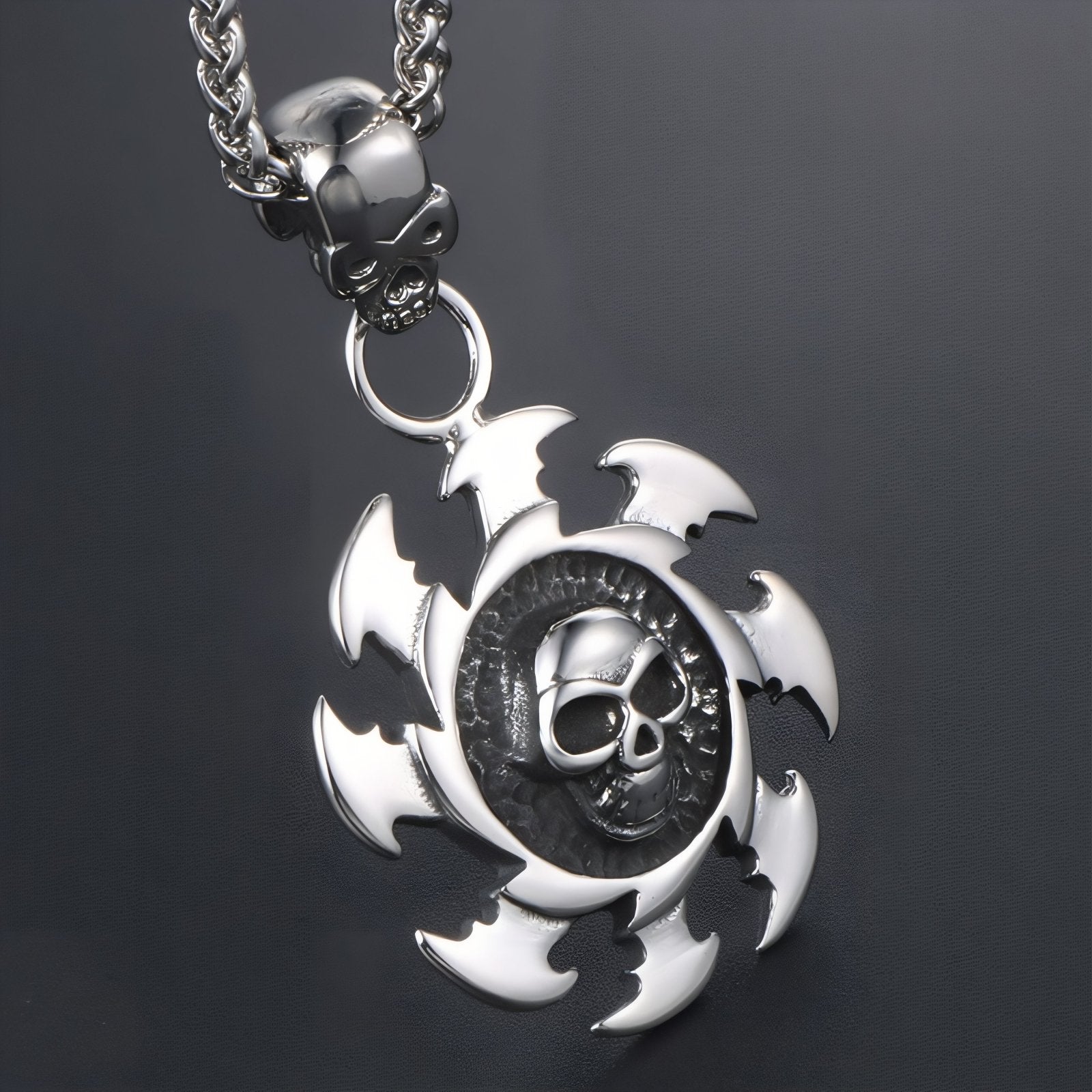 Collier gothique pour homme, pendentif lame circulaire et tête de mort, en acier inoxydable