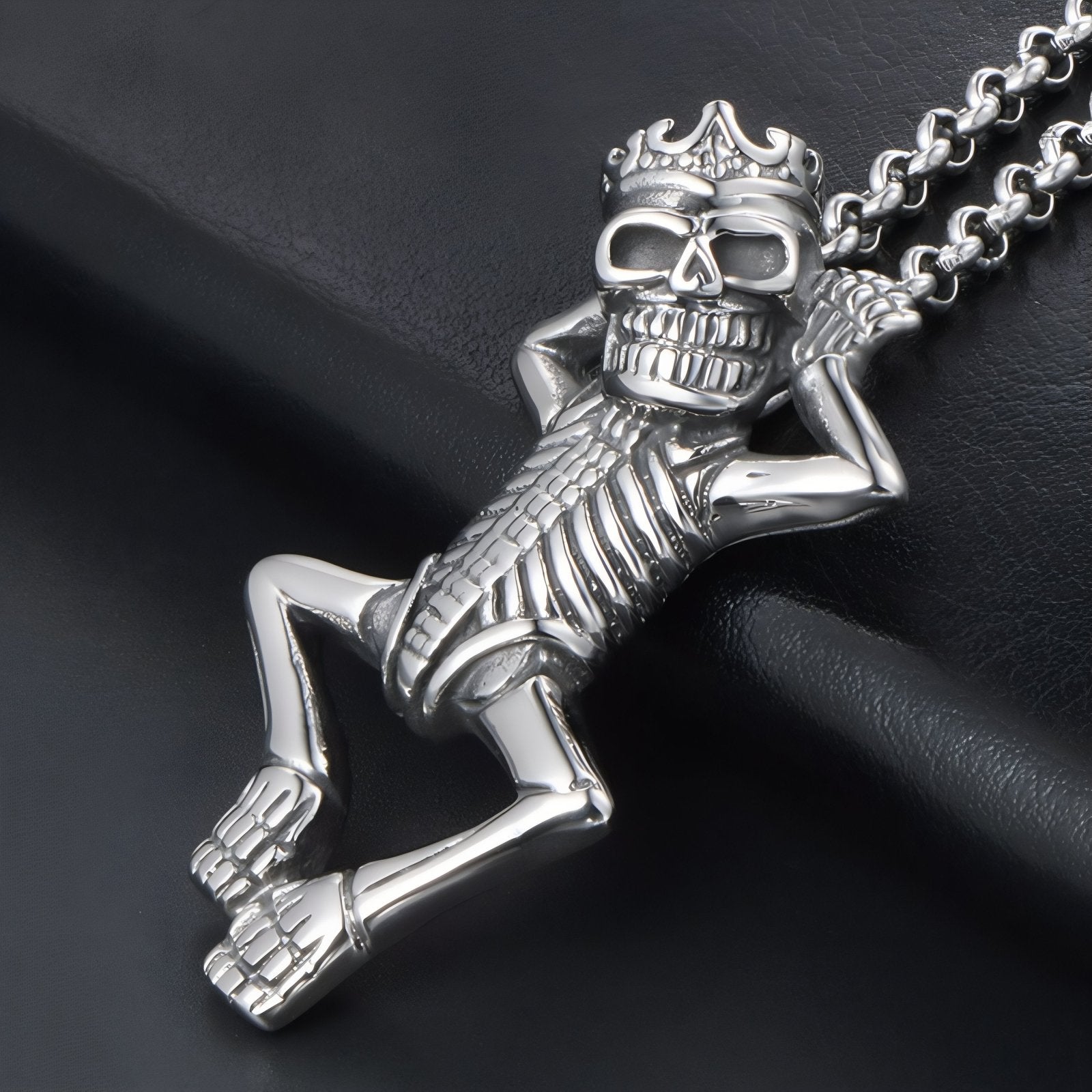 Collier gothique pour homme, pendentif squelette couronné, en acier inoxydable