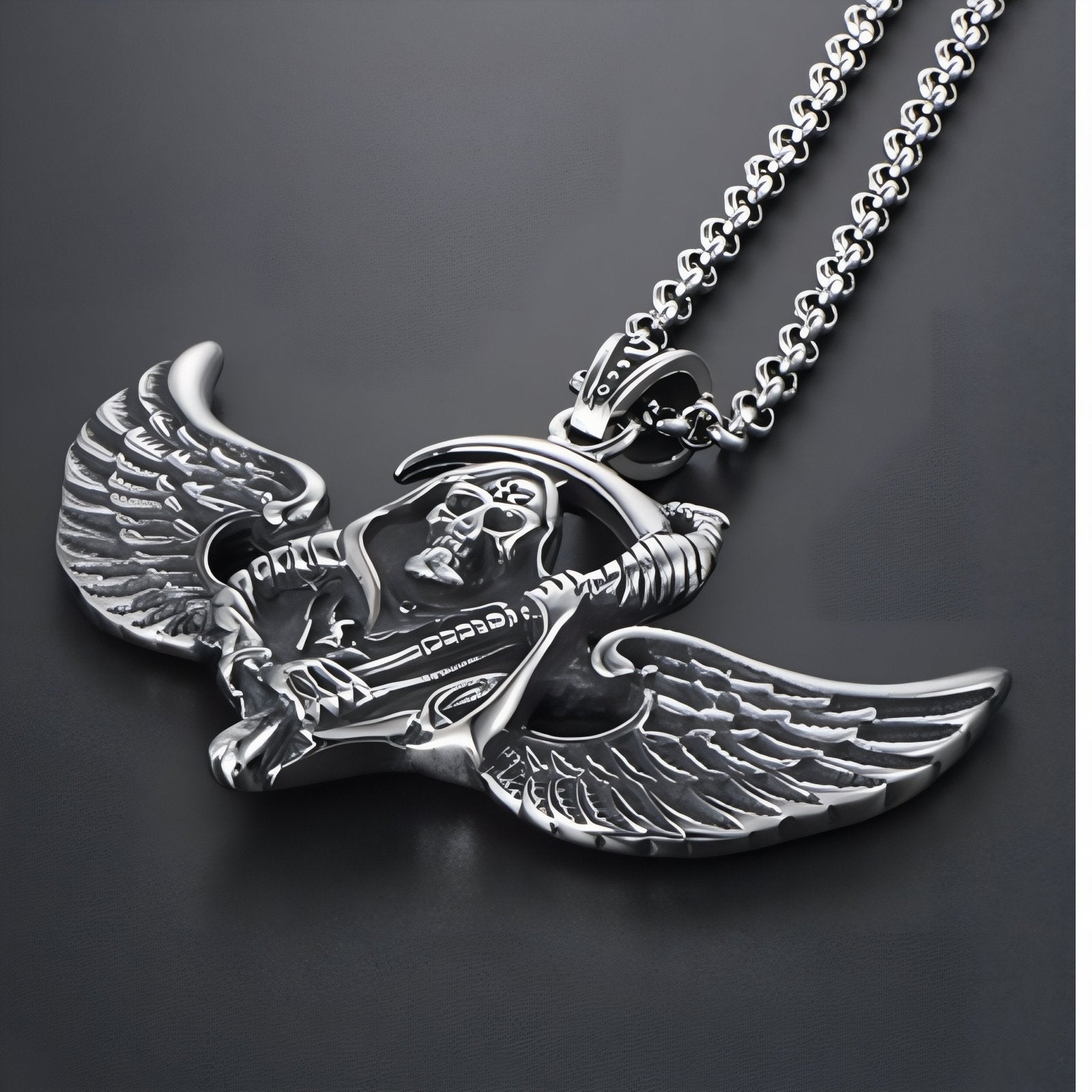 Collier gothique pour homme, pendentif tête de mort faucheuse avec ailes, en acier inoxydable