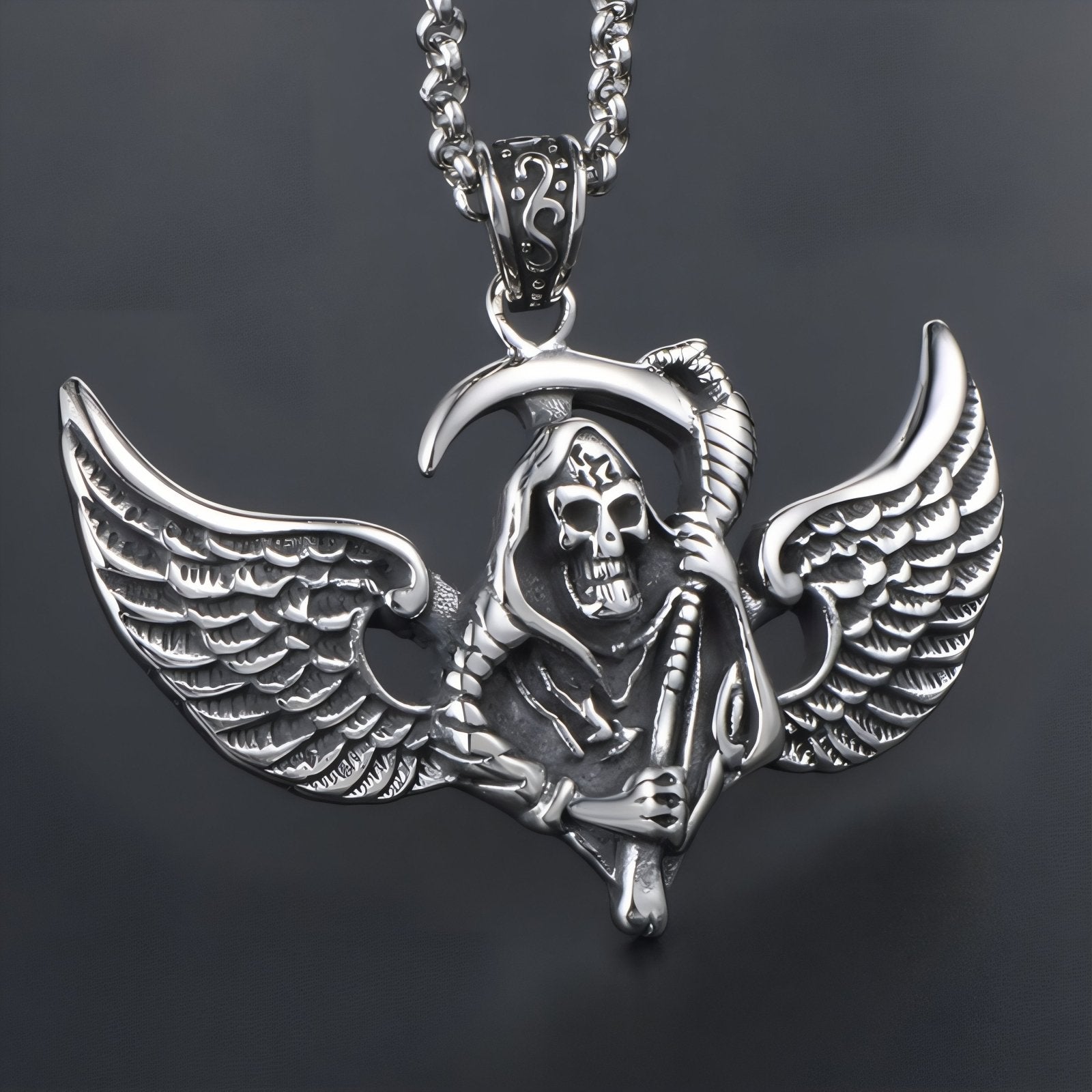 Collier gothique pour homme, pendentif tête de mort faucheuse avec ailes, en acier inoxydable