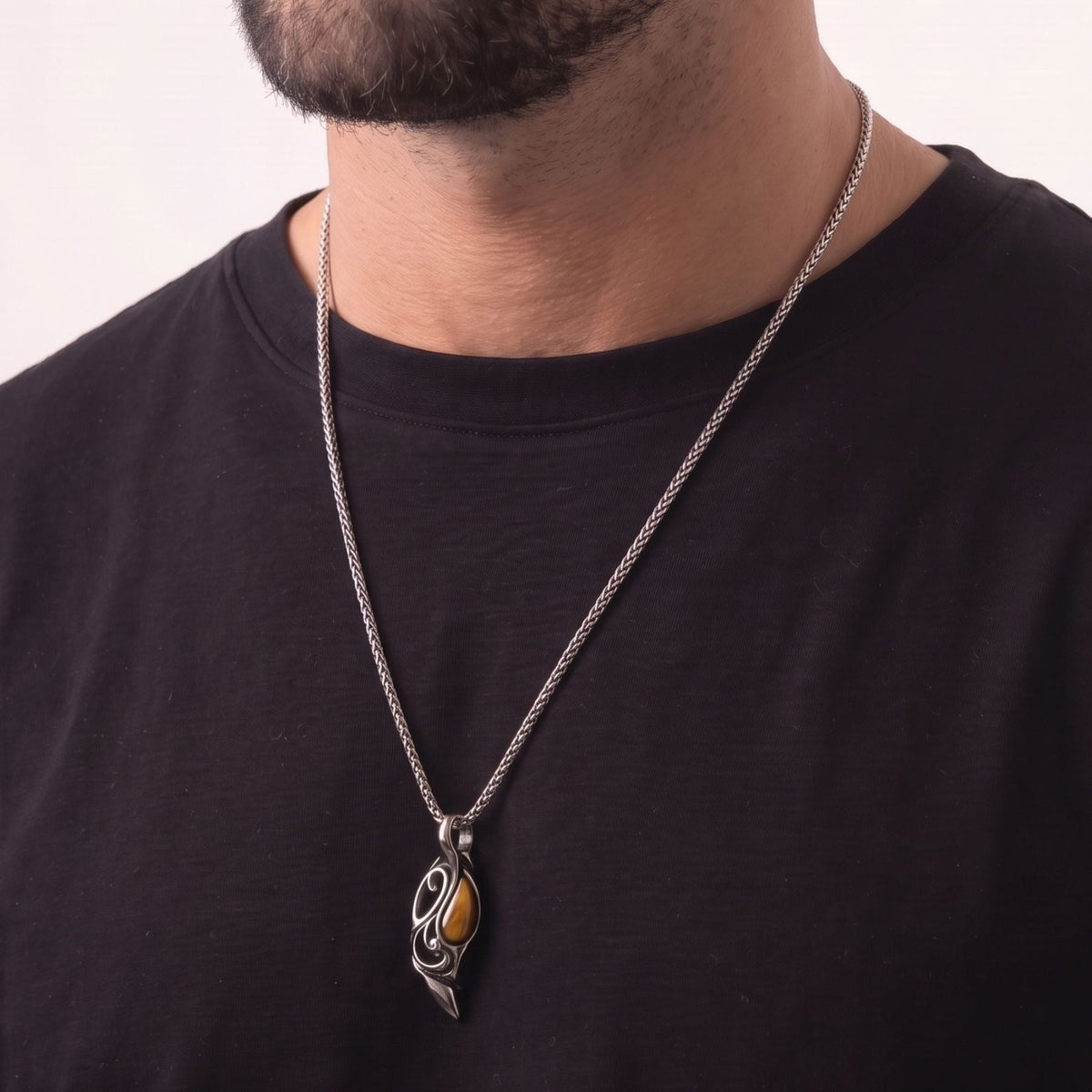Collier goutte pierre naturelle pour homme, en acier titane, pendentif ajouré avec pierre œil de tigre ou noire