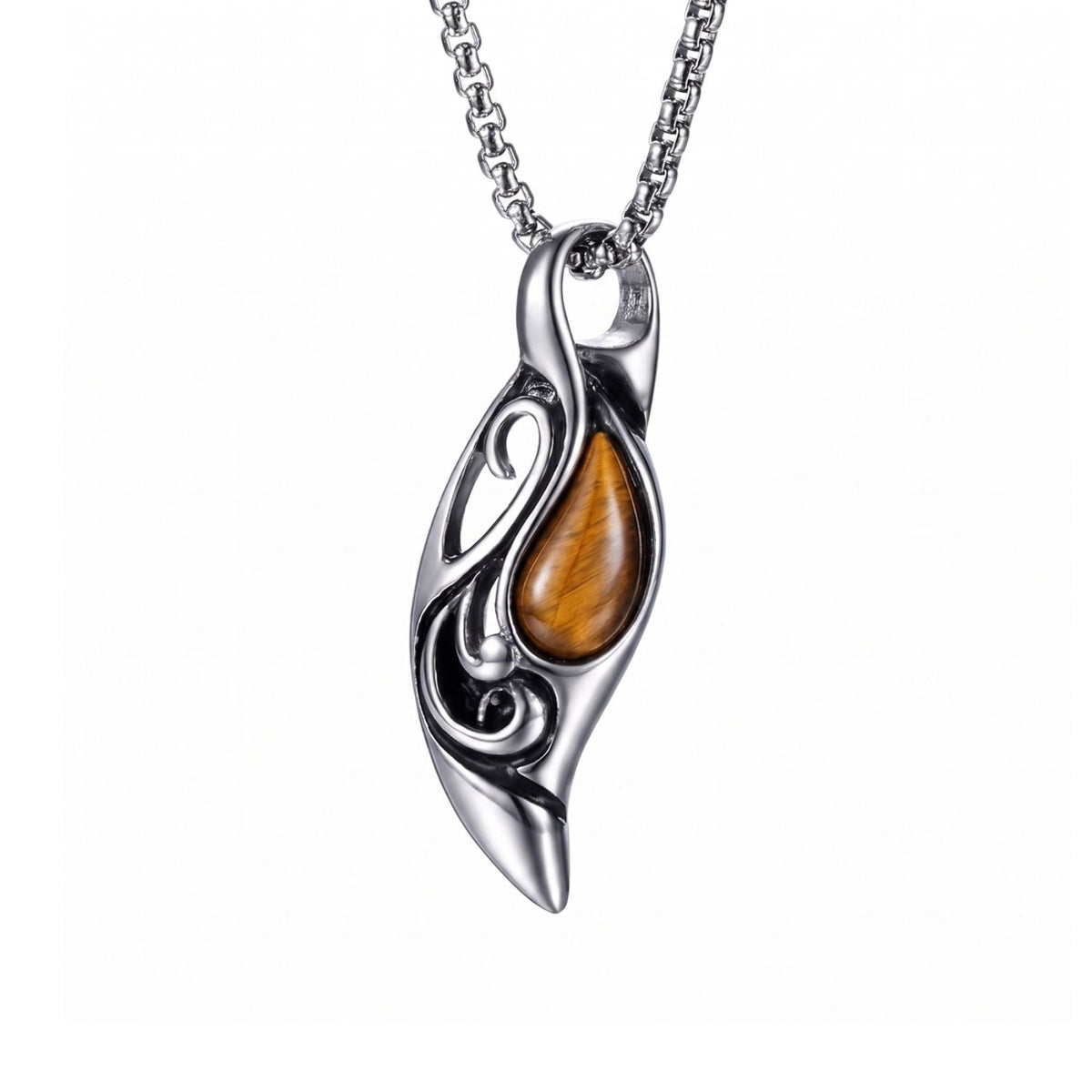 Collier goutte pierre naturelle pour homme, en acier titane, pendentif ajouré avec pierre œil de tigre ou noire