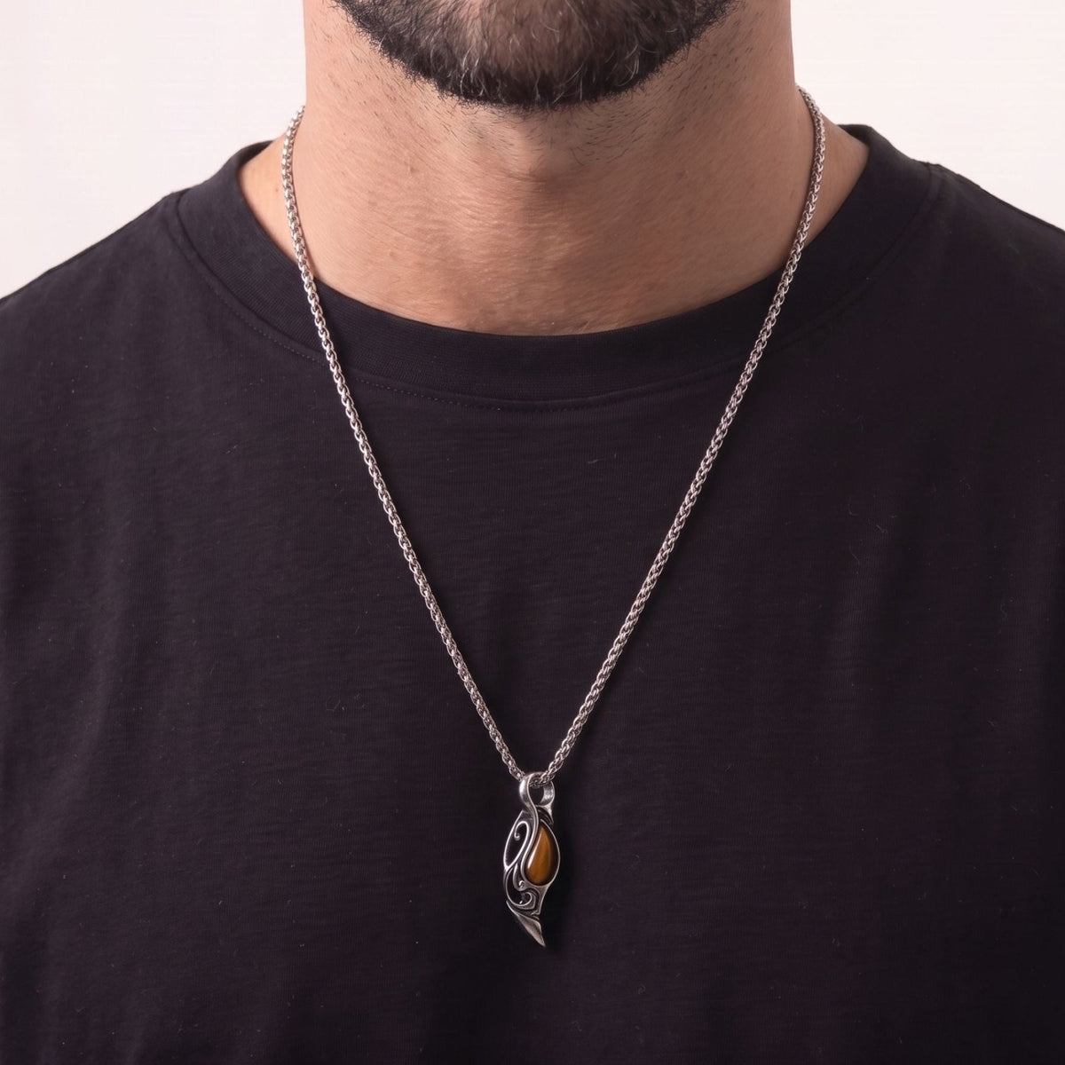 Collier goutte pierre naturelle pour homme, en acier titane, pendentif ajouré avec pierre œil de tigre ou noire