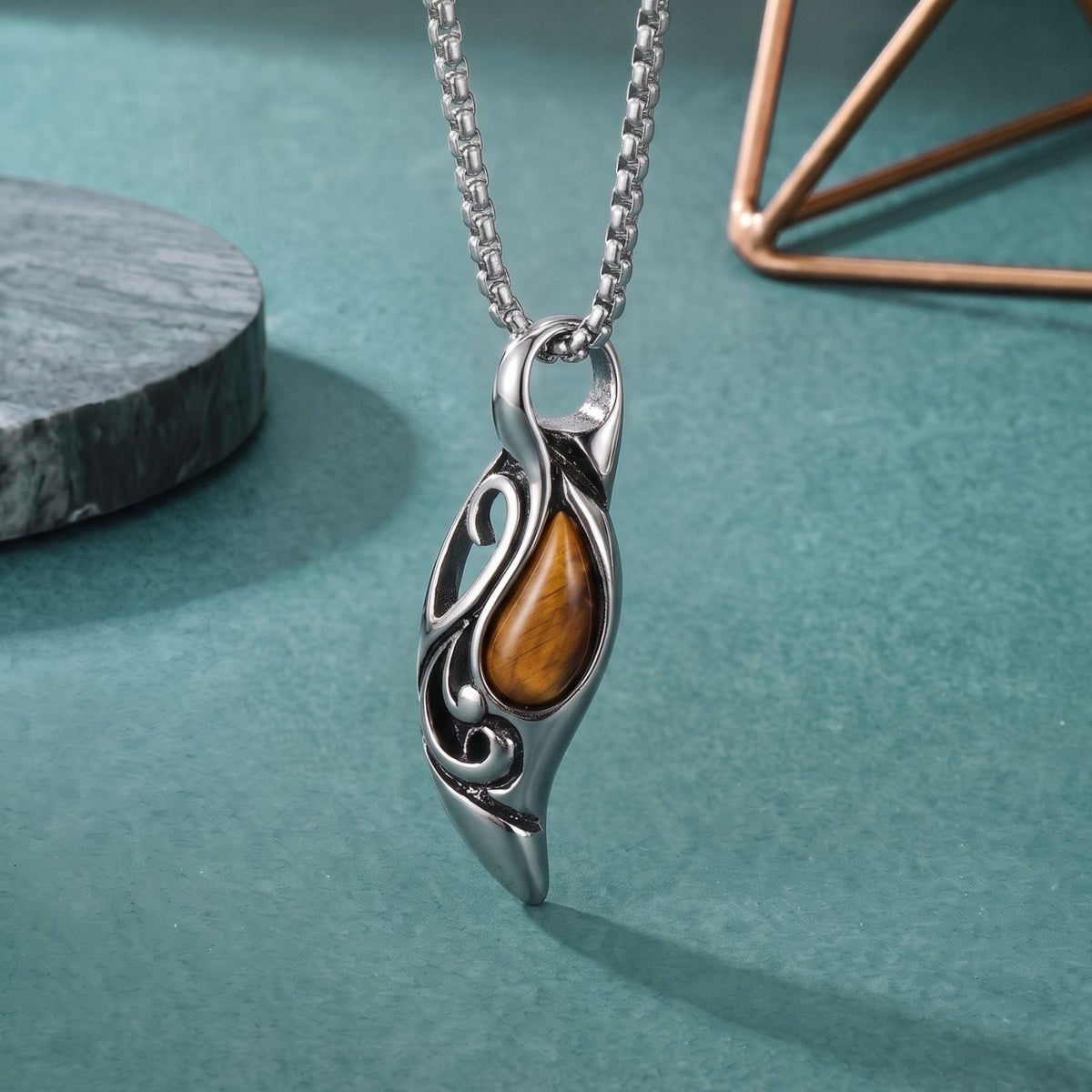 Collier goutte pierre naturelle pour homme, en acier titane, pendentif ajouré avec pierre œil de tigre ou noire