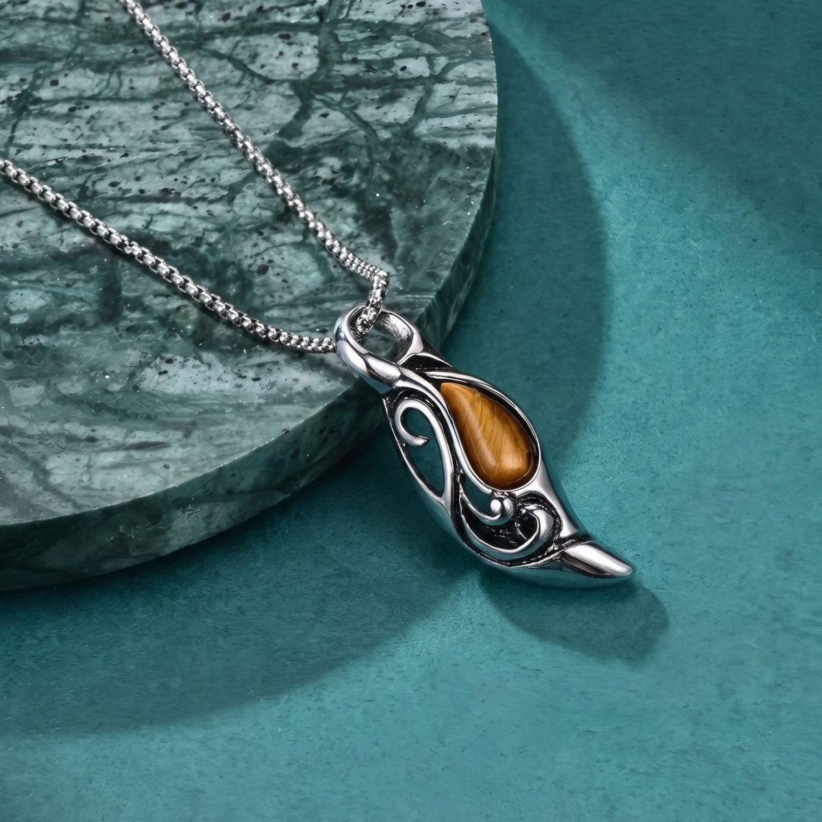 Collier goutte pierre naturelle pour homme, en acier titane, pendentif ajouré avec pierre œil de tigre ou noire