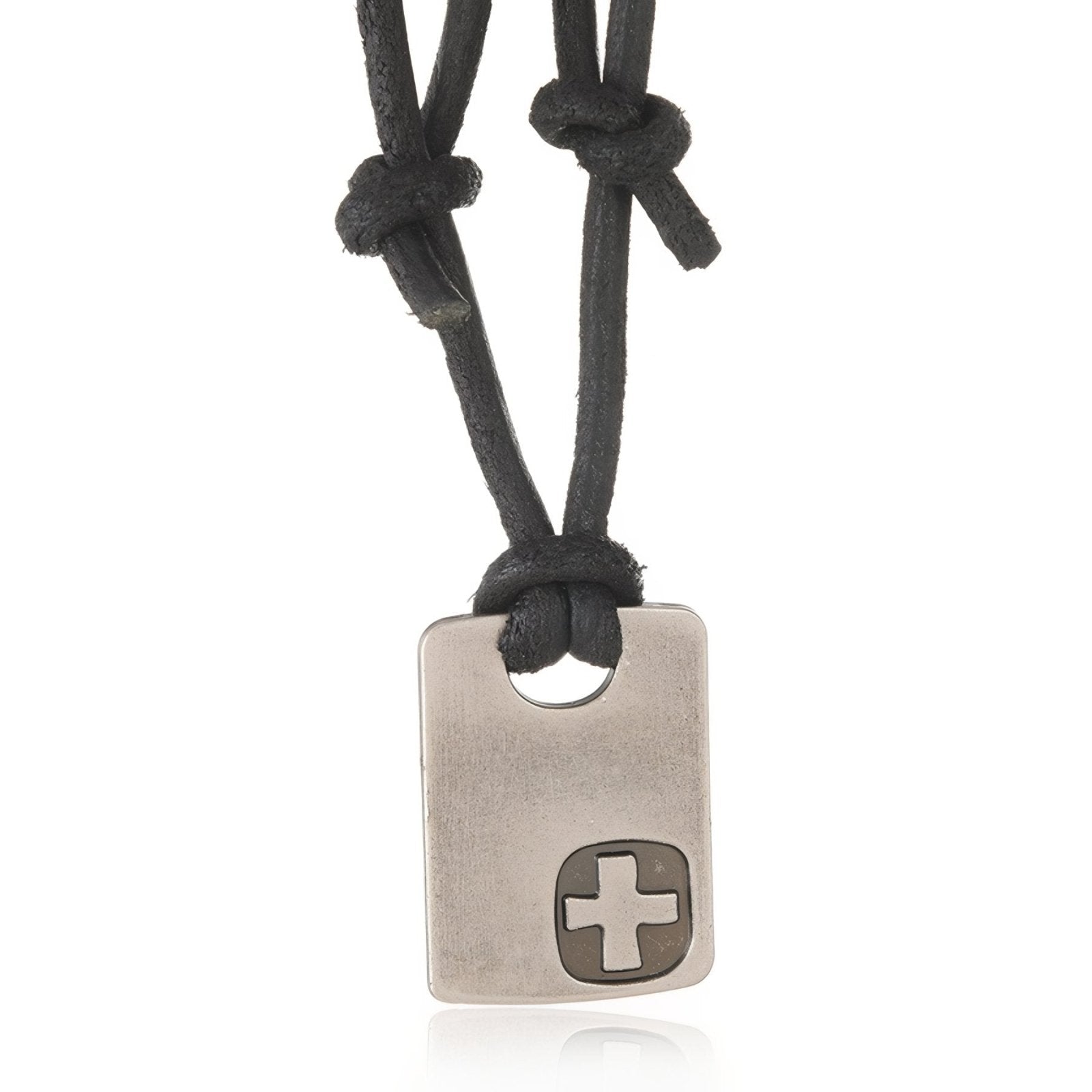 Collier homme minimaliste, pendentif plaque en métal avec croix, cordon cuir noir ou marron