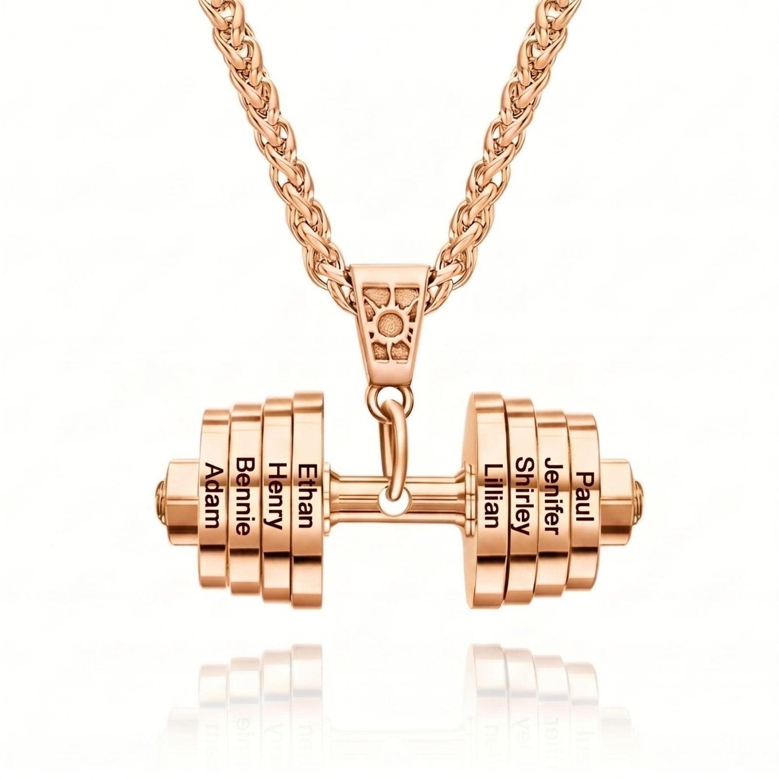 Collier homme pendentif haltère, disques avec prénoms gravés, en acier inoxydable