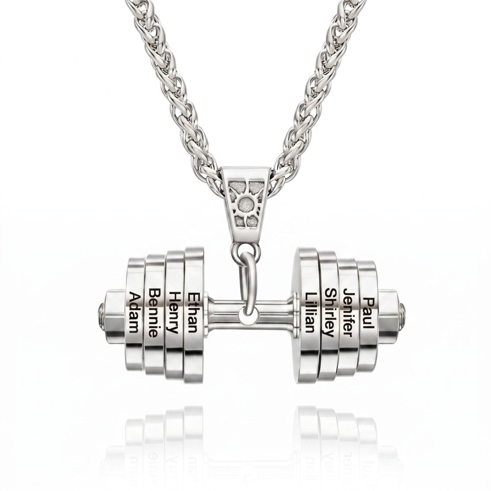 Collier homme pendentif haltère, disques avec prénoms gravés, en acier inoxydable