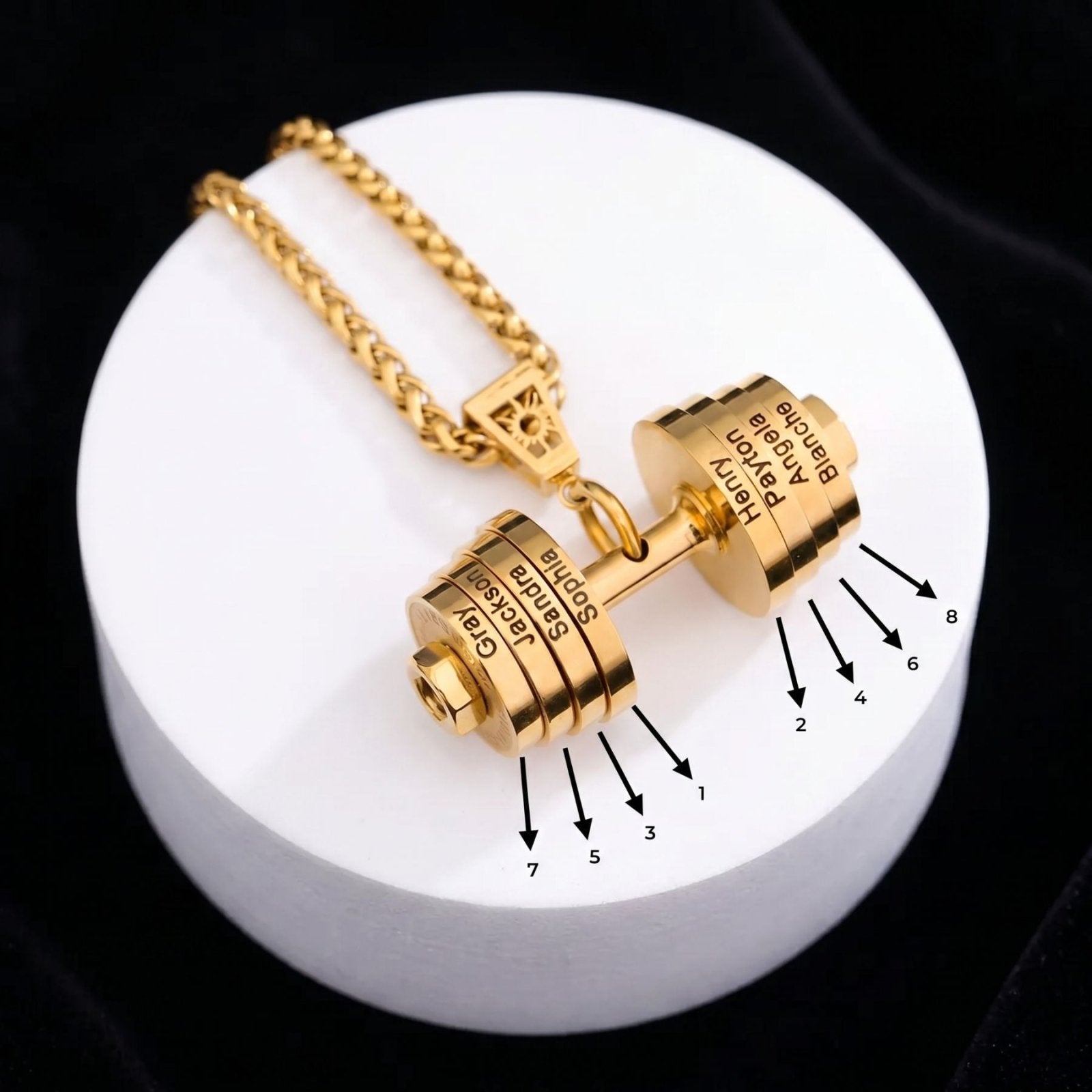 Collier homme pendentif haltère, disques avec prénoms gravés, en acier inoxydable