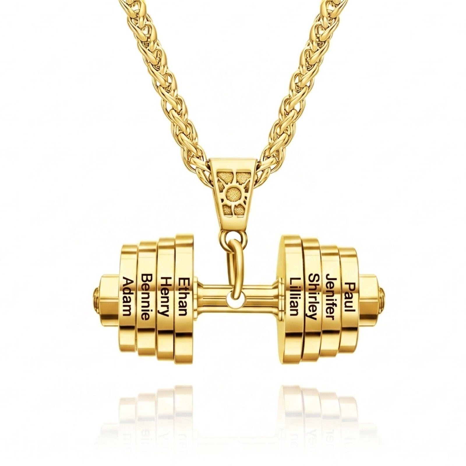 Collier homme pendentif haltère, disques avec prénoms gravés, en acier inoxydable
