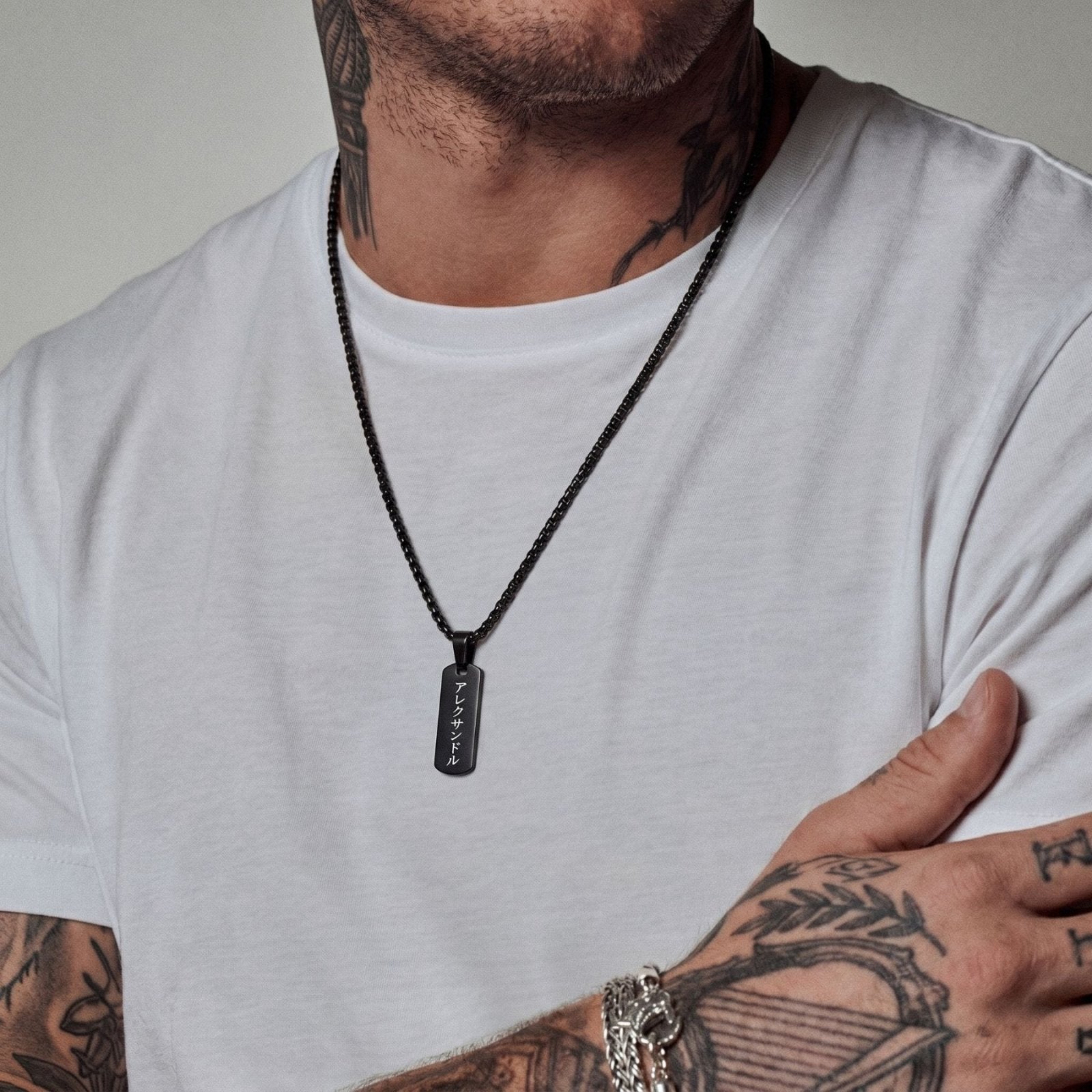 Collier homme personnalisé, pendentif prénom japonais gravé, en acier inoxydable