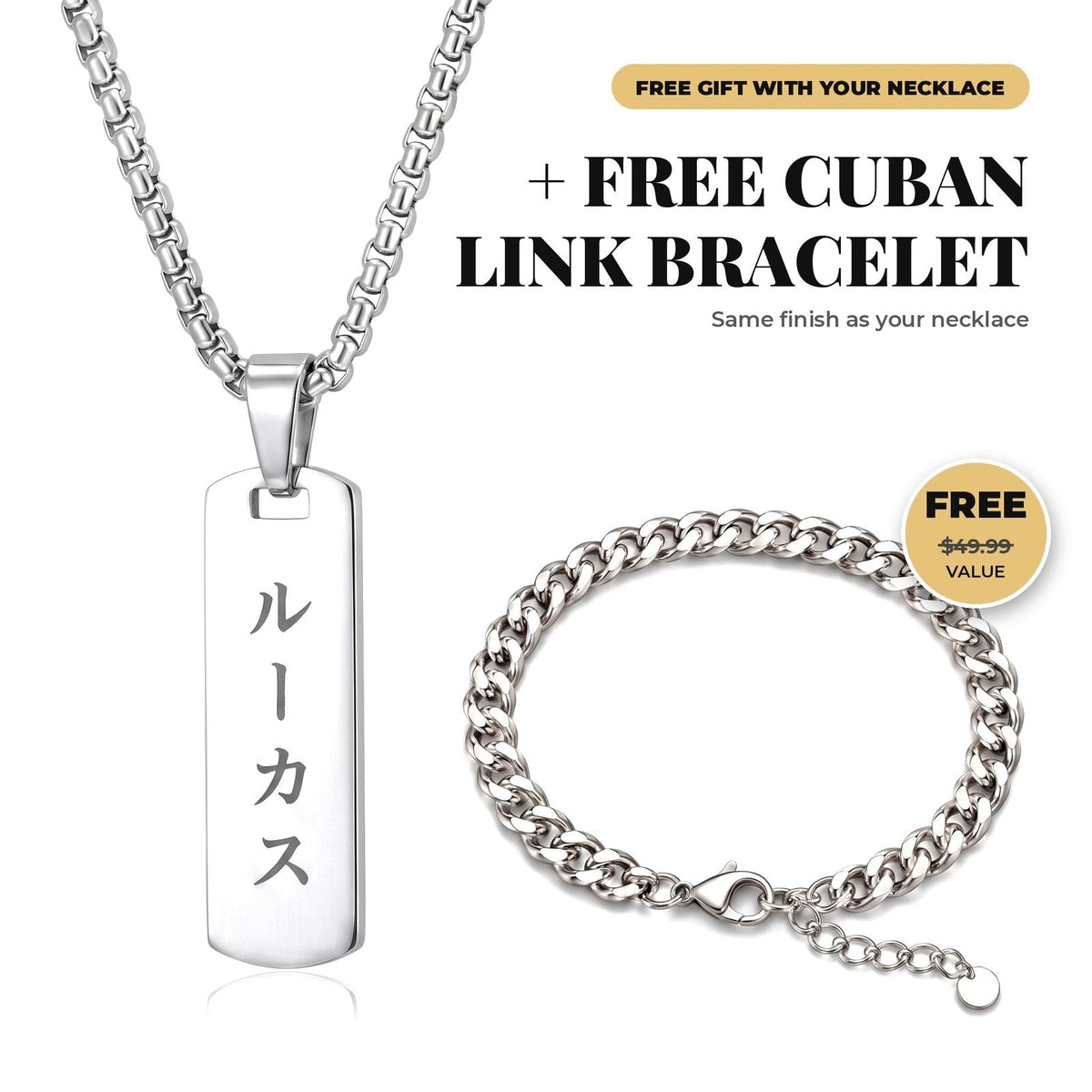 Collier homme personnalisé, pendentif prénom japonais gravé, en acier inoxydable