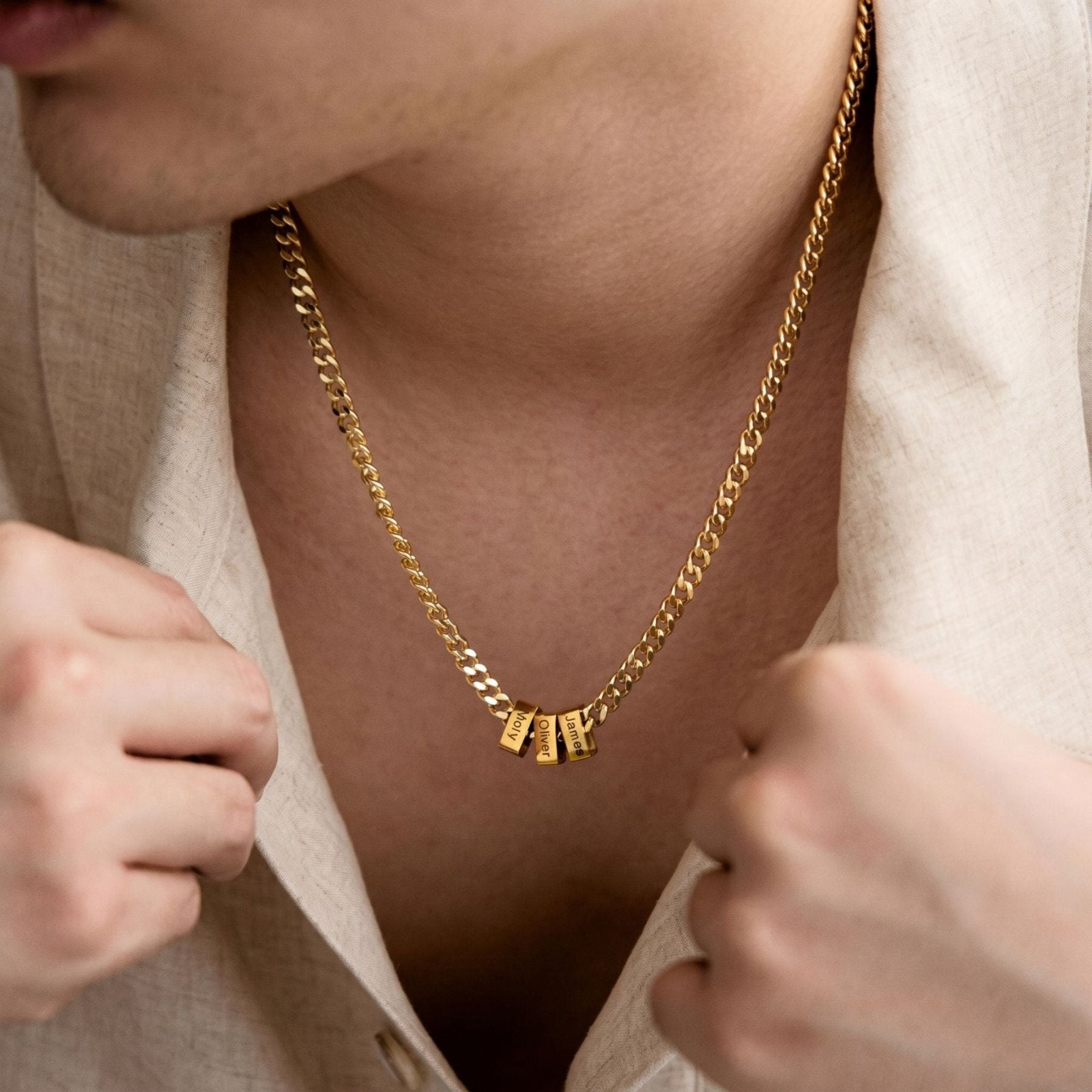 Collier homme personnalisé, perles prénoms à graver, chaîne gourmette en acier inoxydable