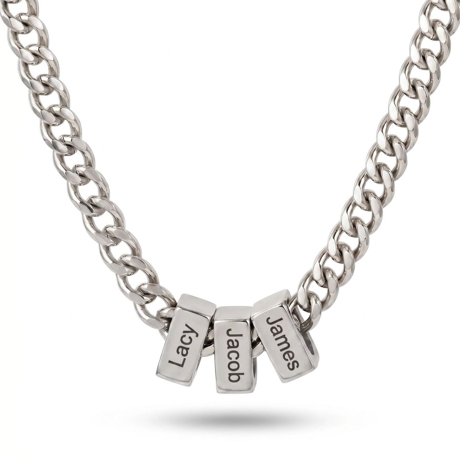 Collier homme personnalisé, perles prénoms à graver, chaîne gourmette en acier inoxydable