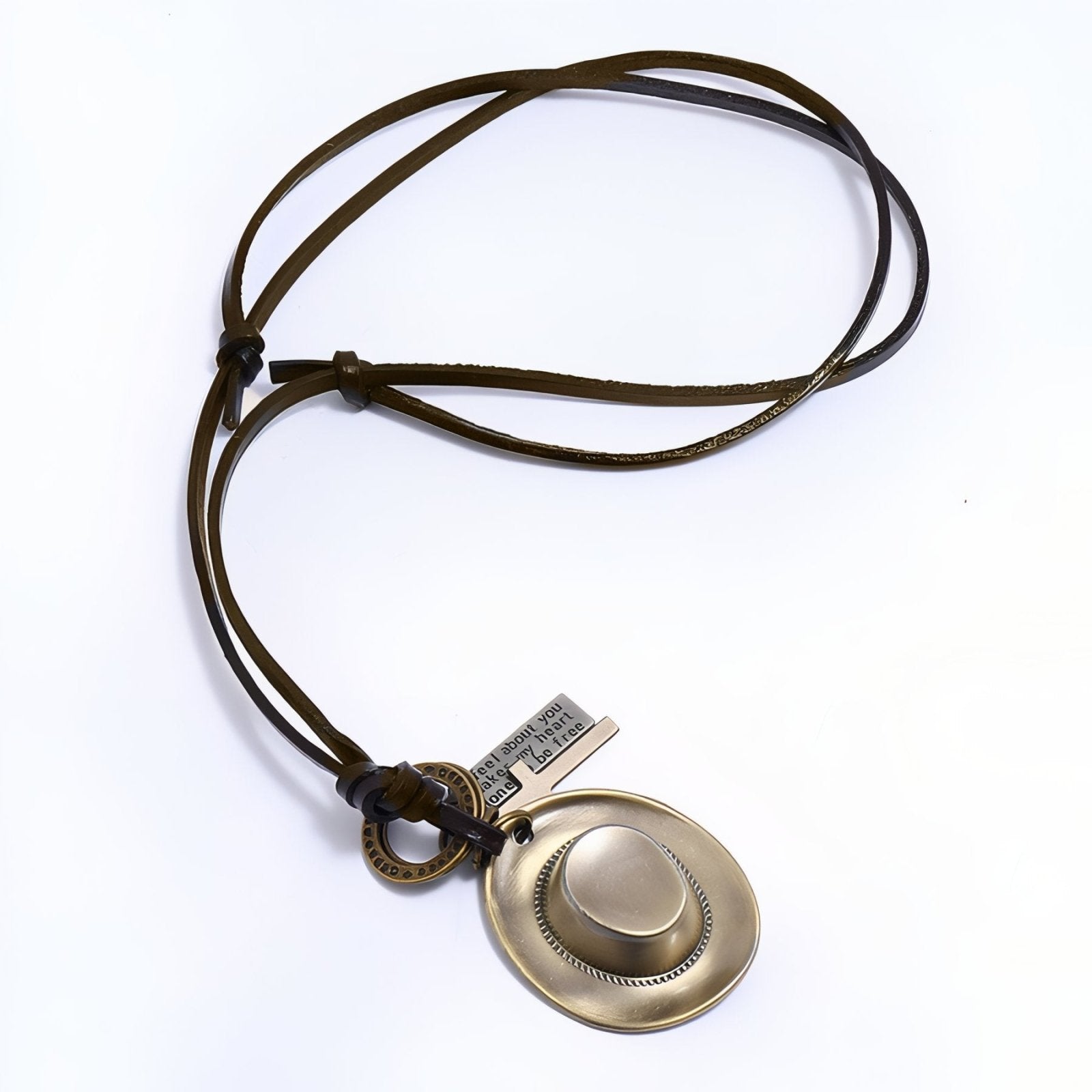 Collier homme style cowboy, pendentif chapeau western, cordon en cuir marron ajustable