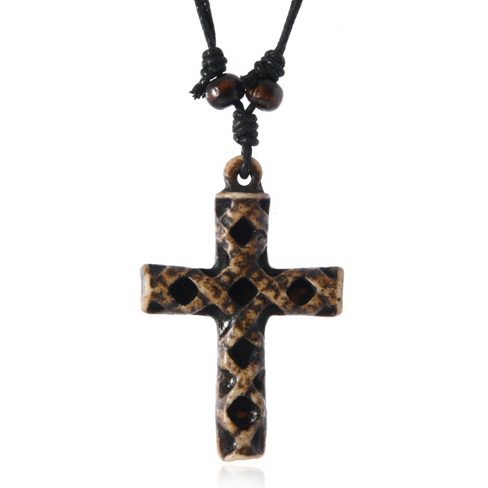 Collier homme style ethnique, pendentif croix en résine marron, cordon ajustable et perles bois