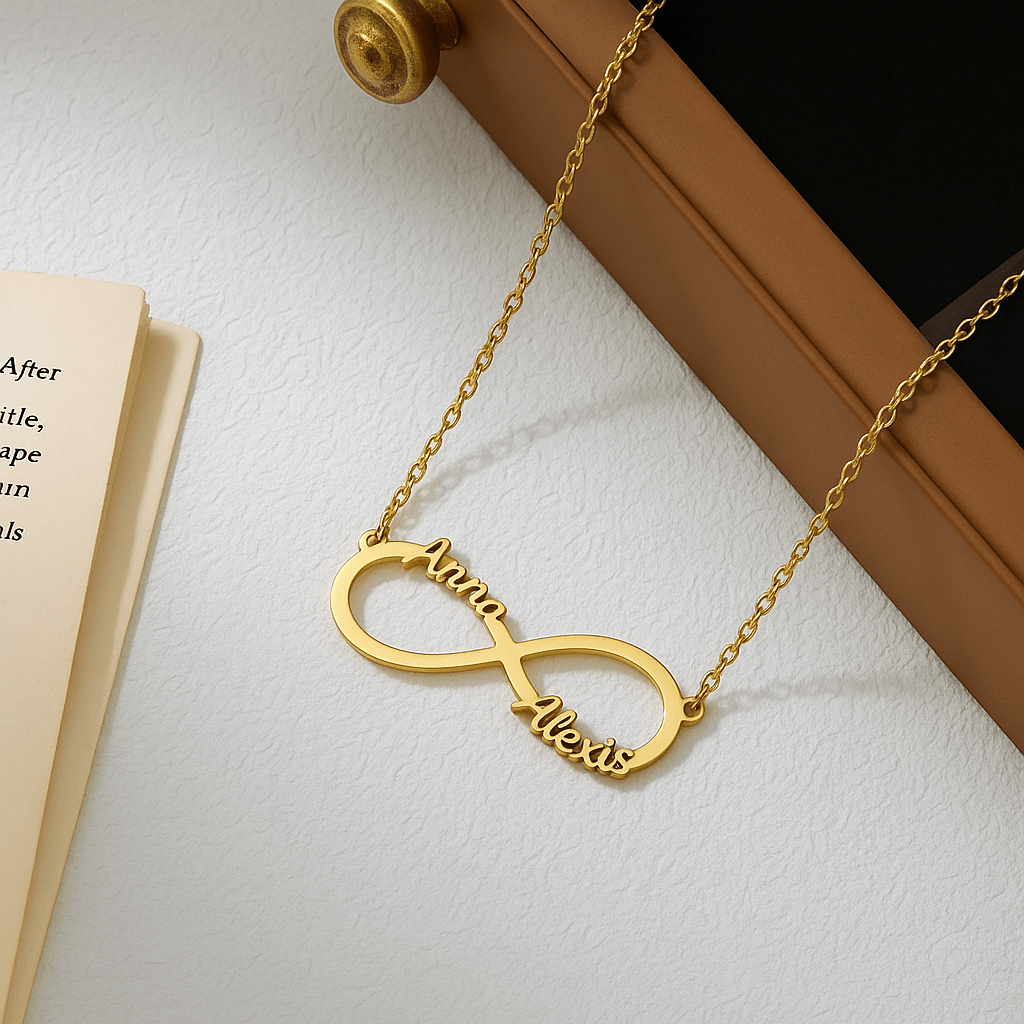 Collier infini personnalisé, avec deux prénoms, en acier inoxydable, modèle Infinity