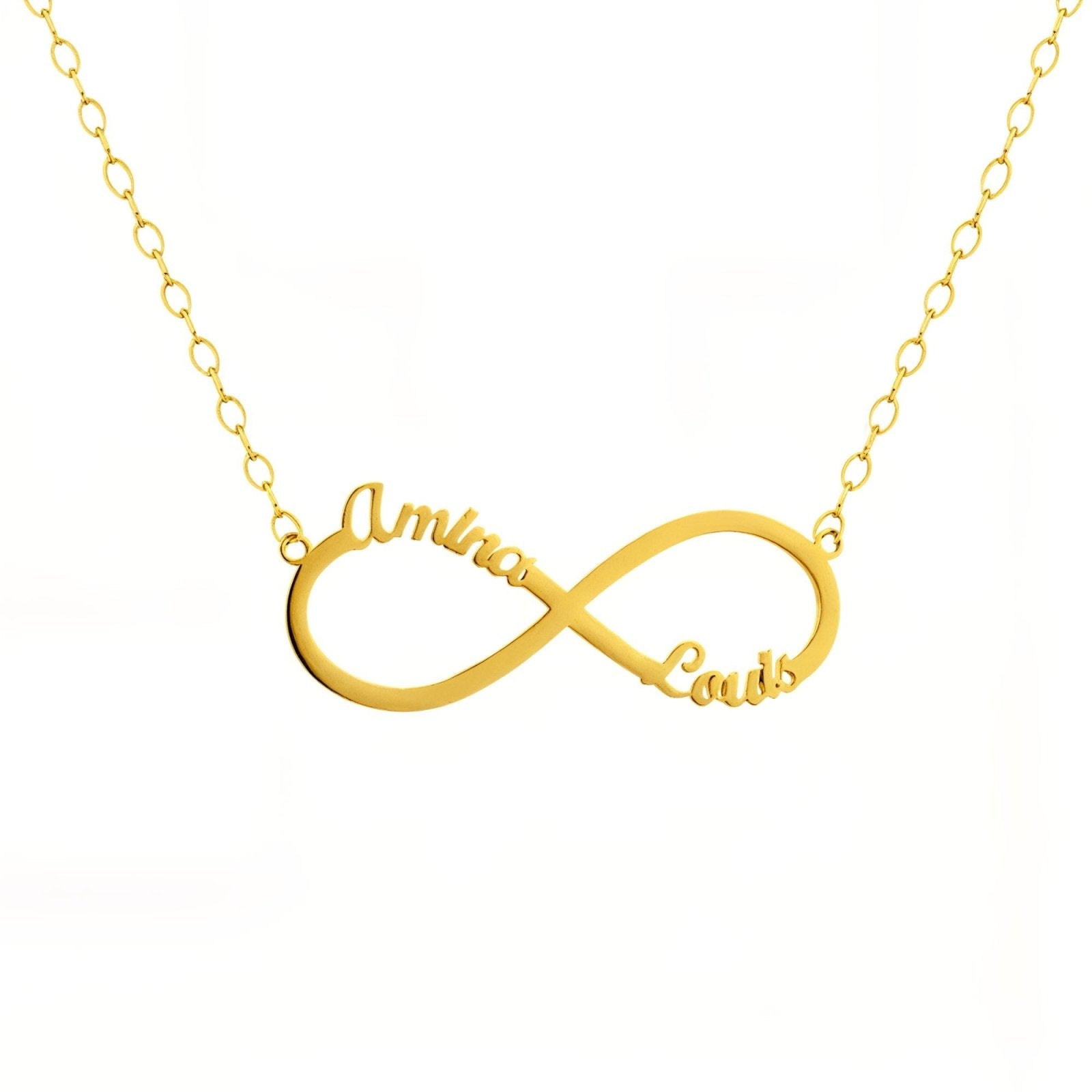 Collier infini personnalisé, avec deux prénoms, en acier inoxydable, modèle Infinity