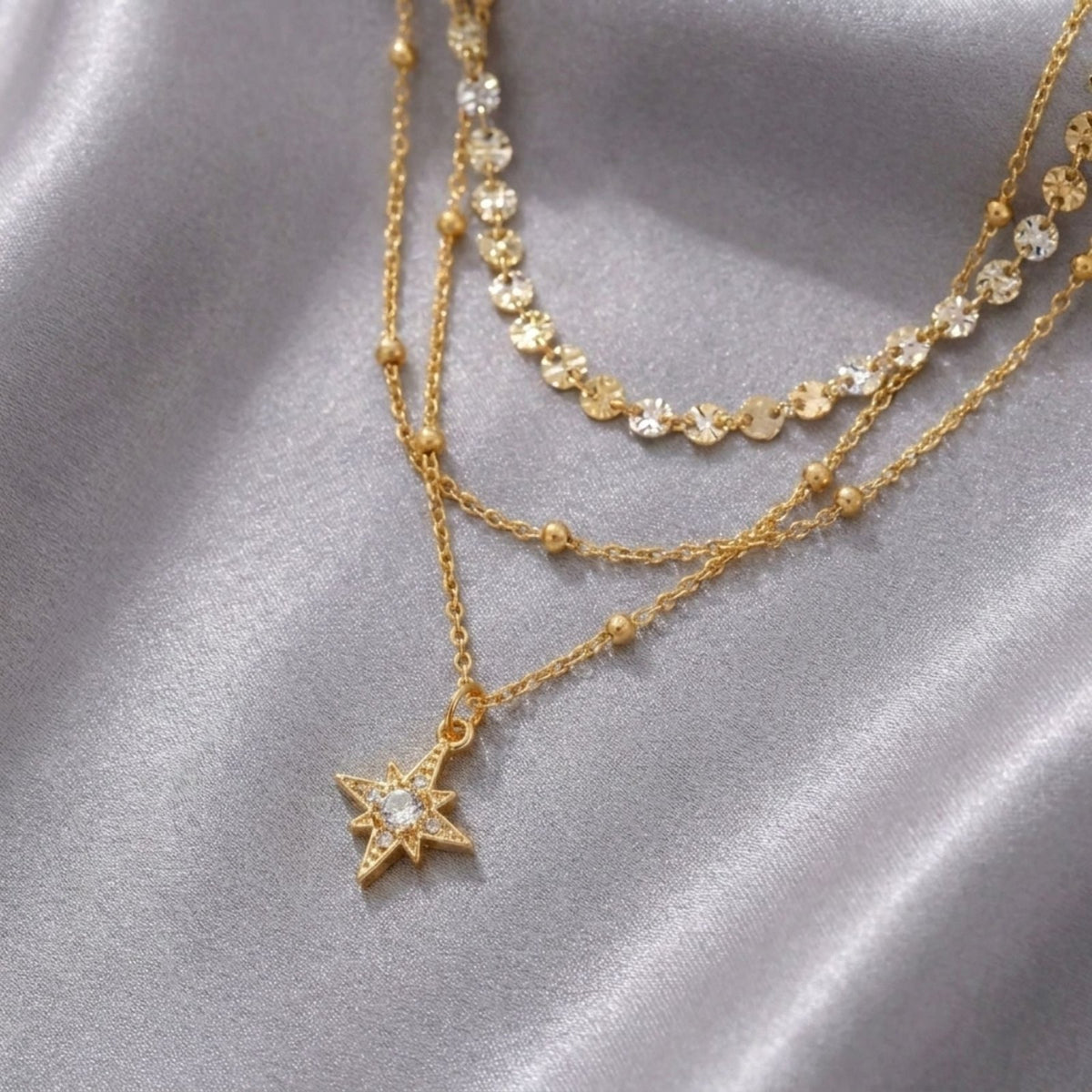 Collier layering pour femme, en acier inoxydable, triple rang, avec pendentif étoile