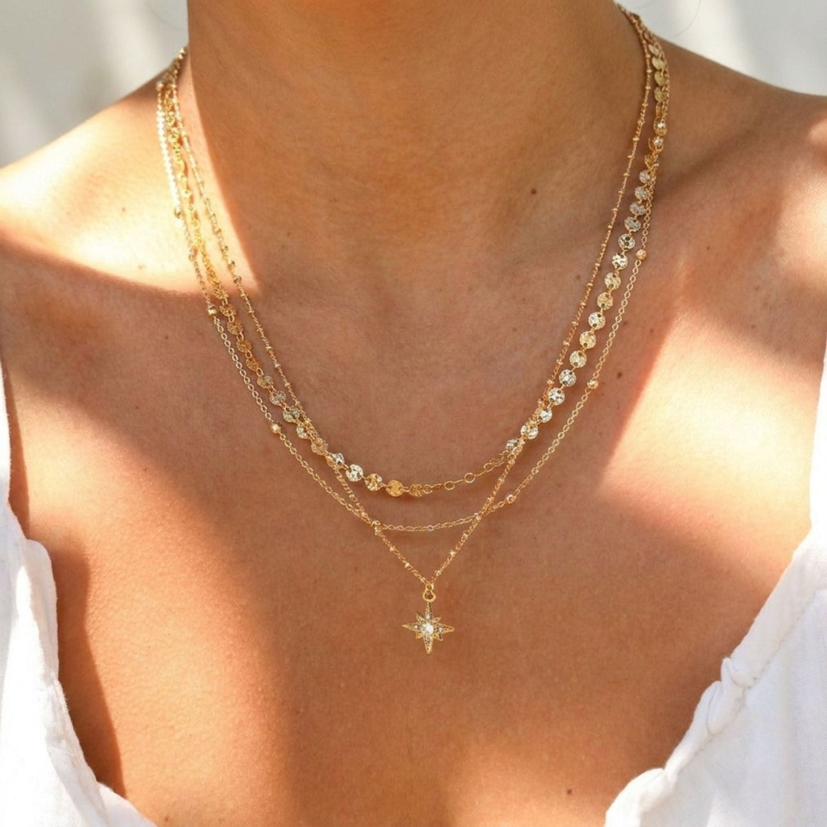 Collier layering pour femme, en acier inoxydable, triple rang, avec pendentif étoile