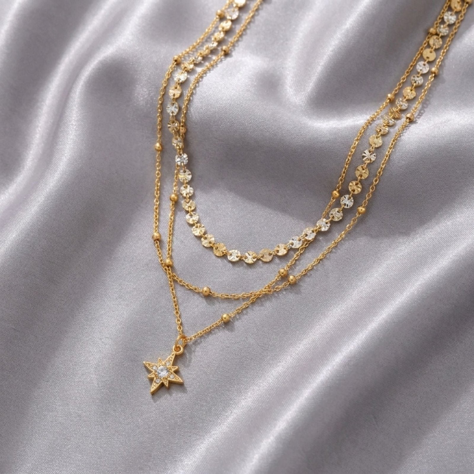 Collier layering pour femme, en acier inoxydable, triple rang, avec pendentif étoile