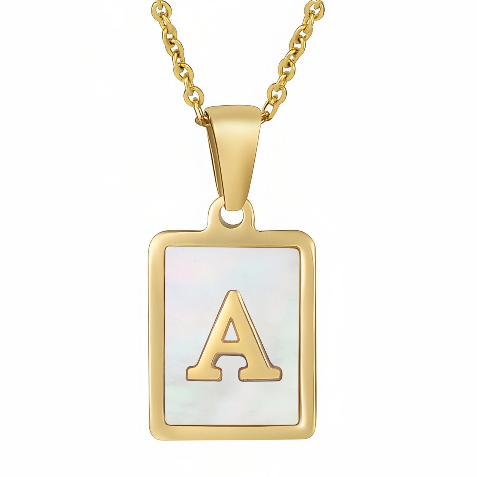 Collier lettre initiale doré, pendentif rectangle nacré, chaine fîne en acier inoxydable plaqué or
