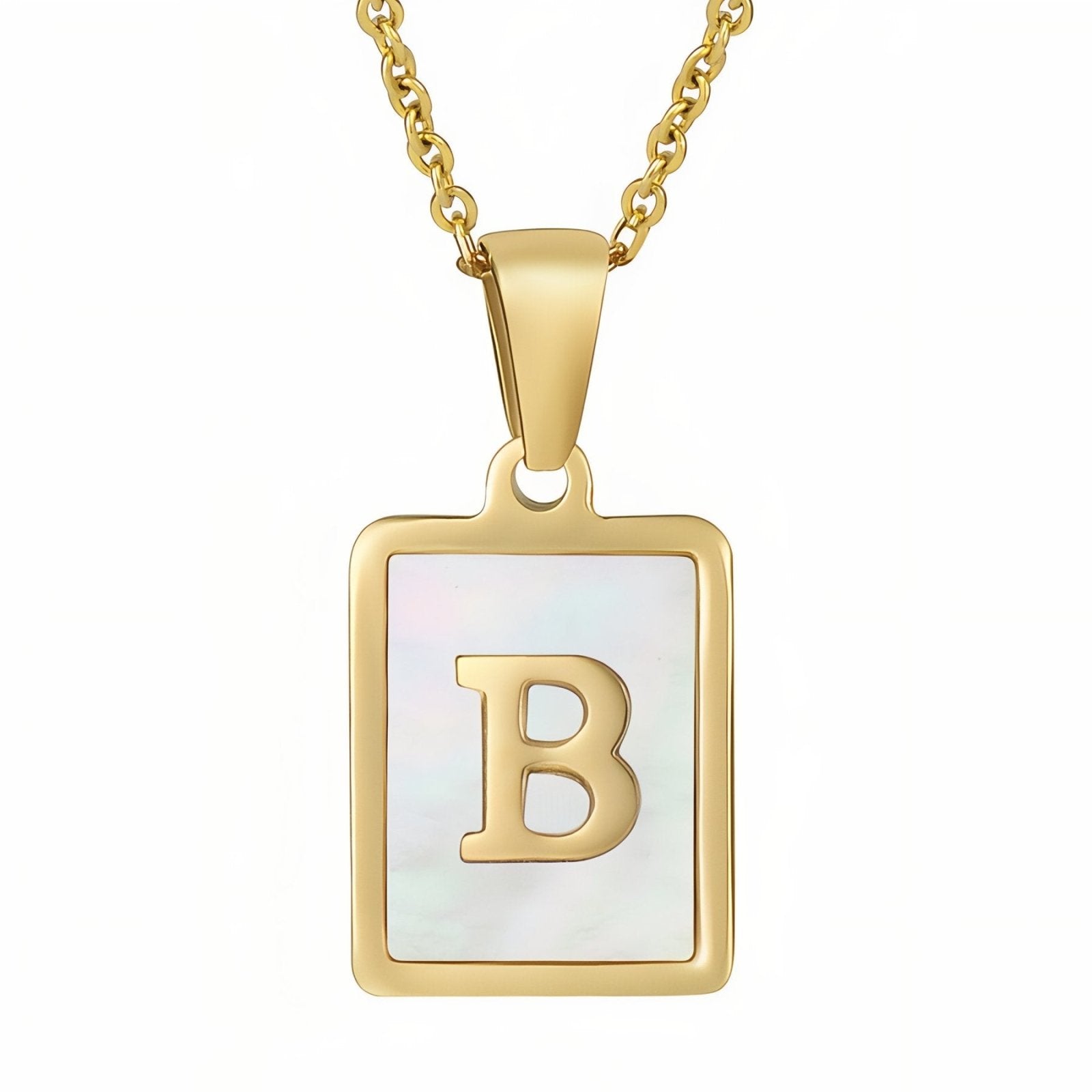 Collier lettre initiale doré, pendentif rectangle nacré, chaine fîne en acier inoxydable plaqué or