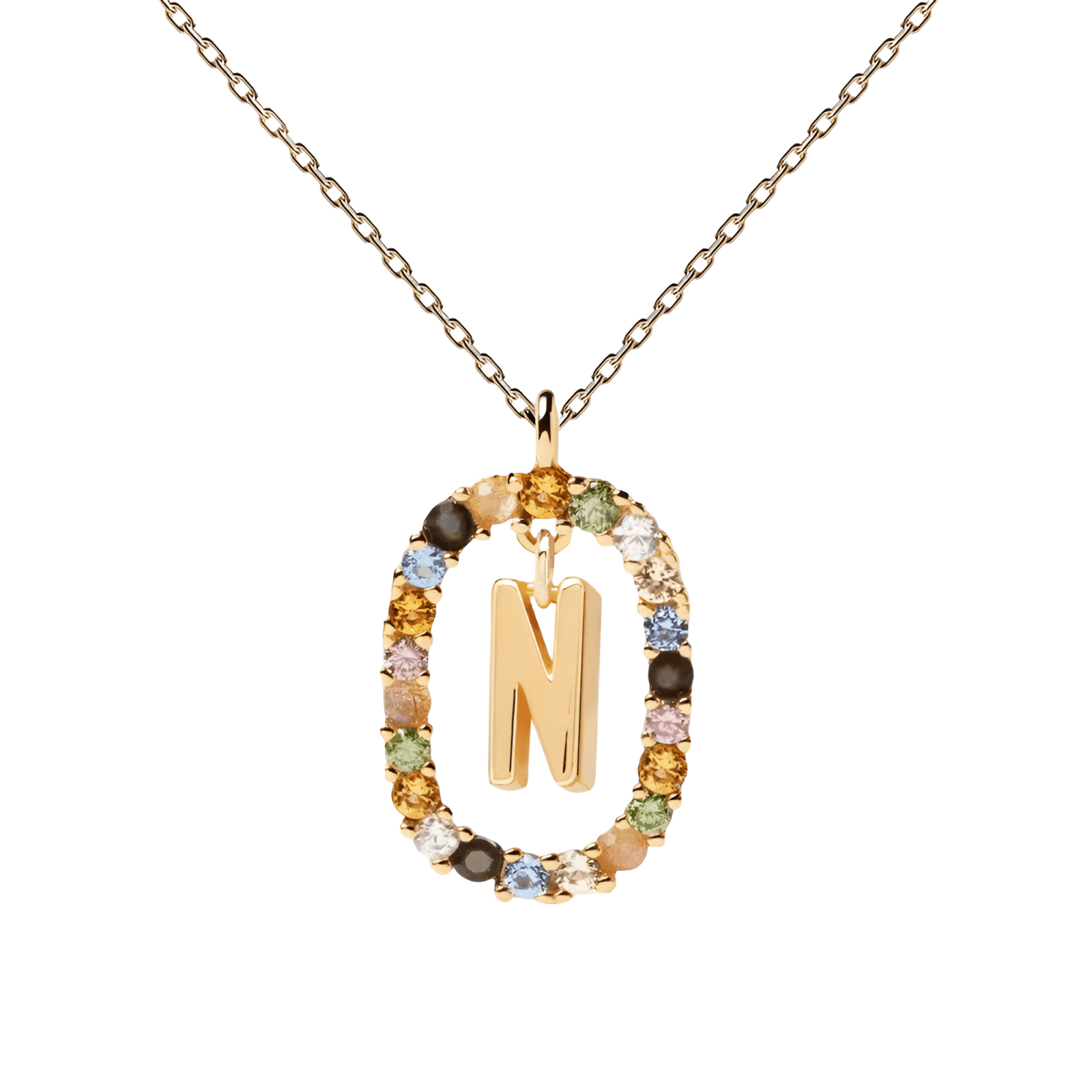 Collier lettre pour femme, en argent 925 plaqué or, zircons multicolores et maille forçat, modèle Solari