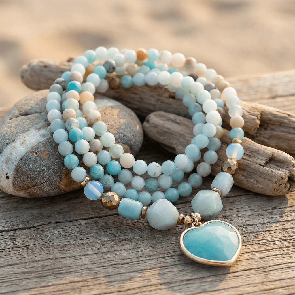 Collier long bohème pour femme, pendentif cœur amazonite, perles en pierres naturelles