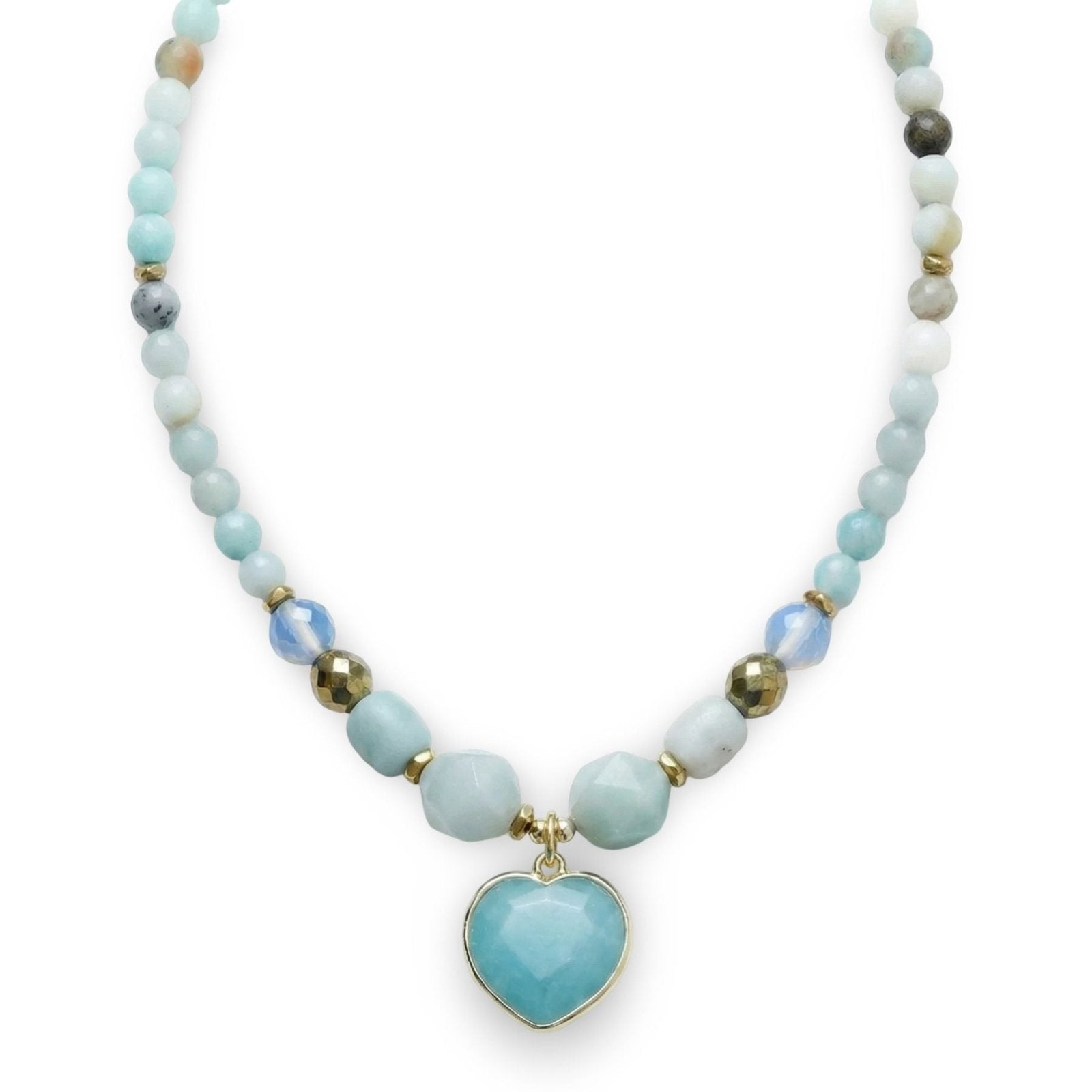 Collier long bohème pour femme, pendentif cœur amazonite, perles en pierres naturelles