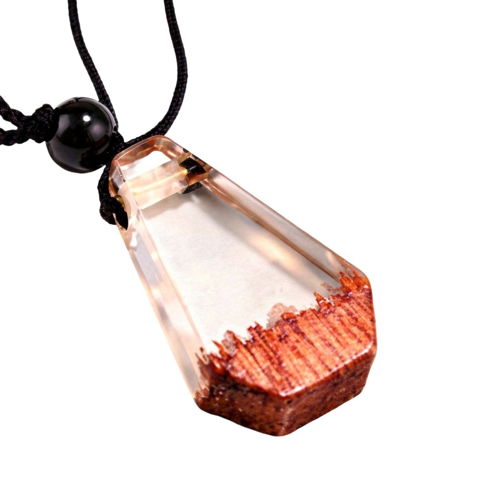 Collier long en bois et résine, avec pendentif géométrique, style artisanal